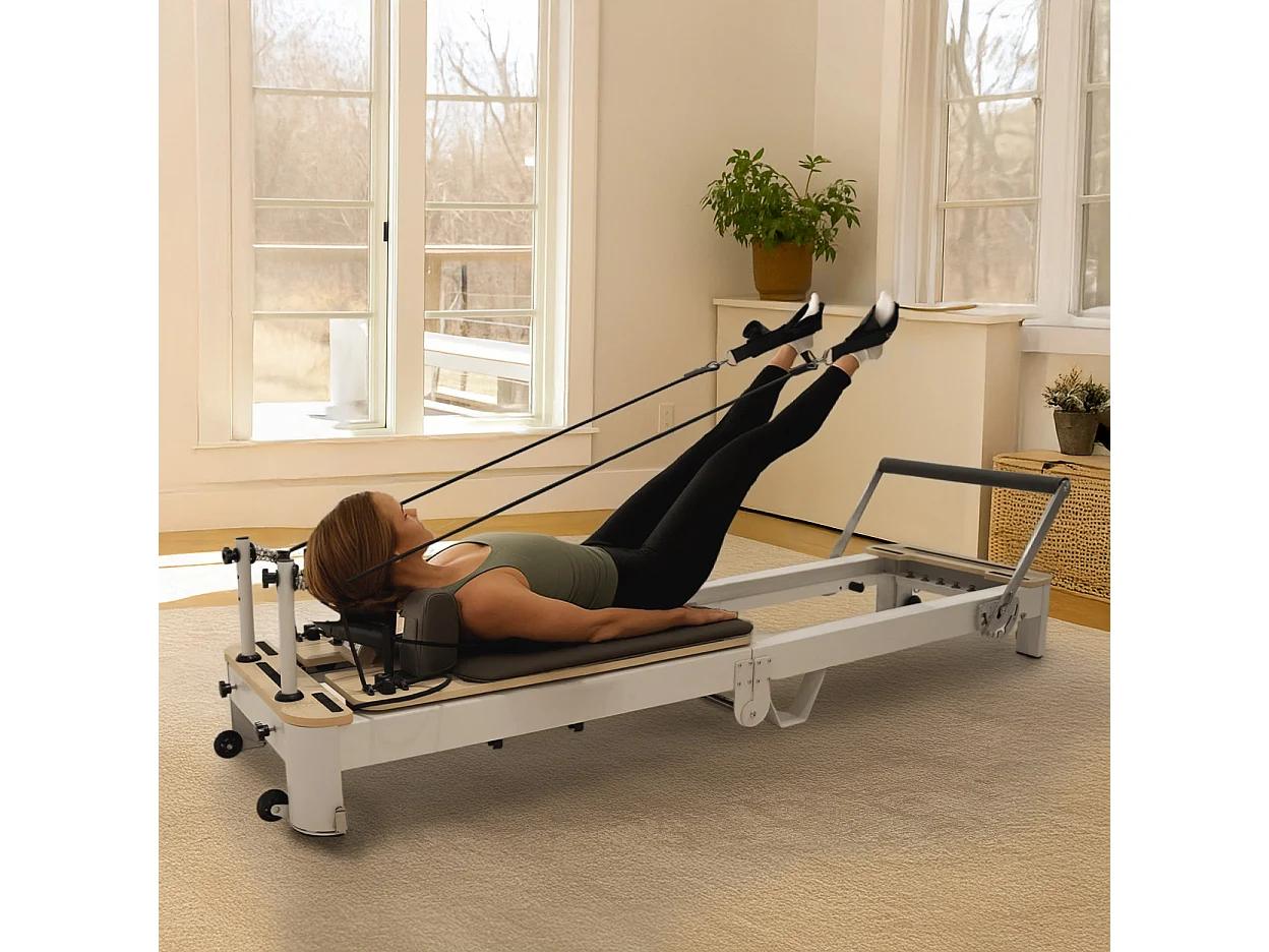 Reformer de Pilates Dobrável Alumínio, Carga Máx. 200 kg, Polias, Barra para os Pés e Acessórios