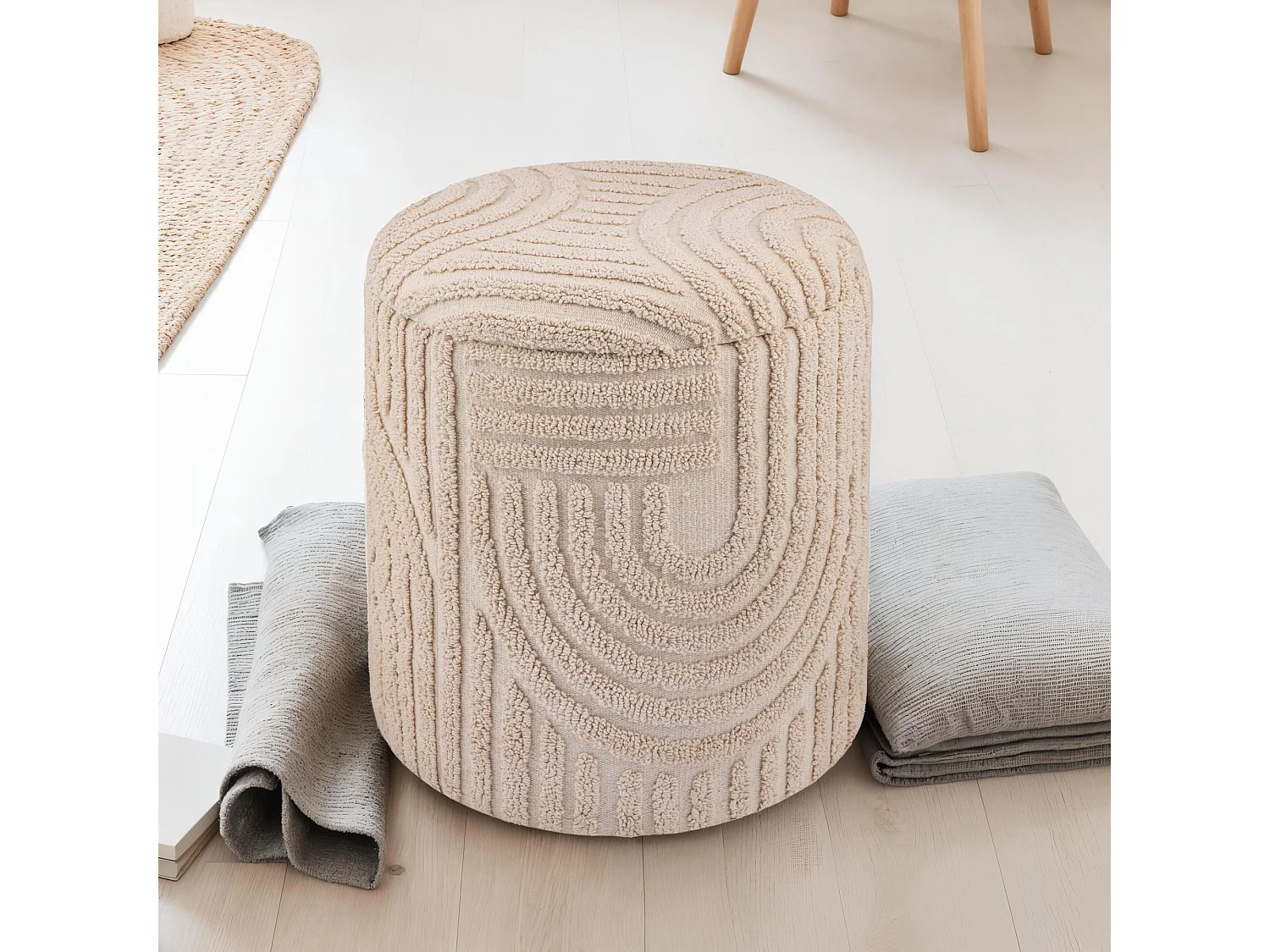 Tabouret décoratif  siège tabouret avec espace de rangement coton rond 40x45 cm beige bohème