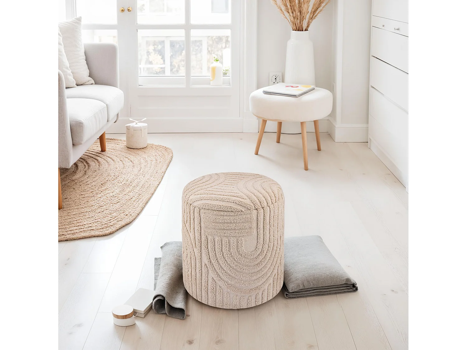 Tabouret décoratif  siège tabouret avec espace de rangement coton rond 40x45 cm beige bohème