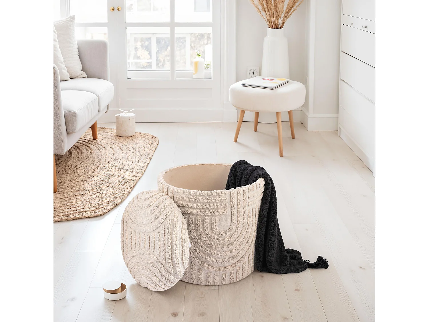 Tabouret décoratif  siège tabouret avec espace de rangement coton rond 40x45 cm beige bohème