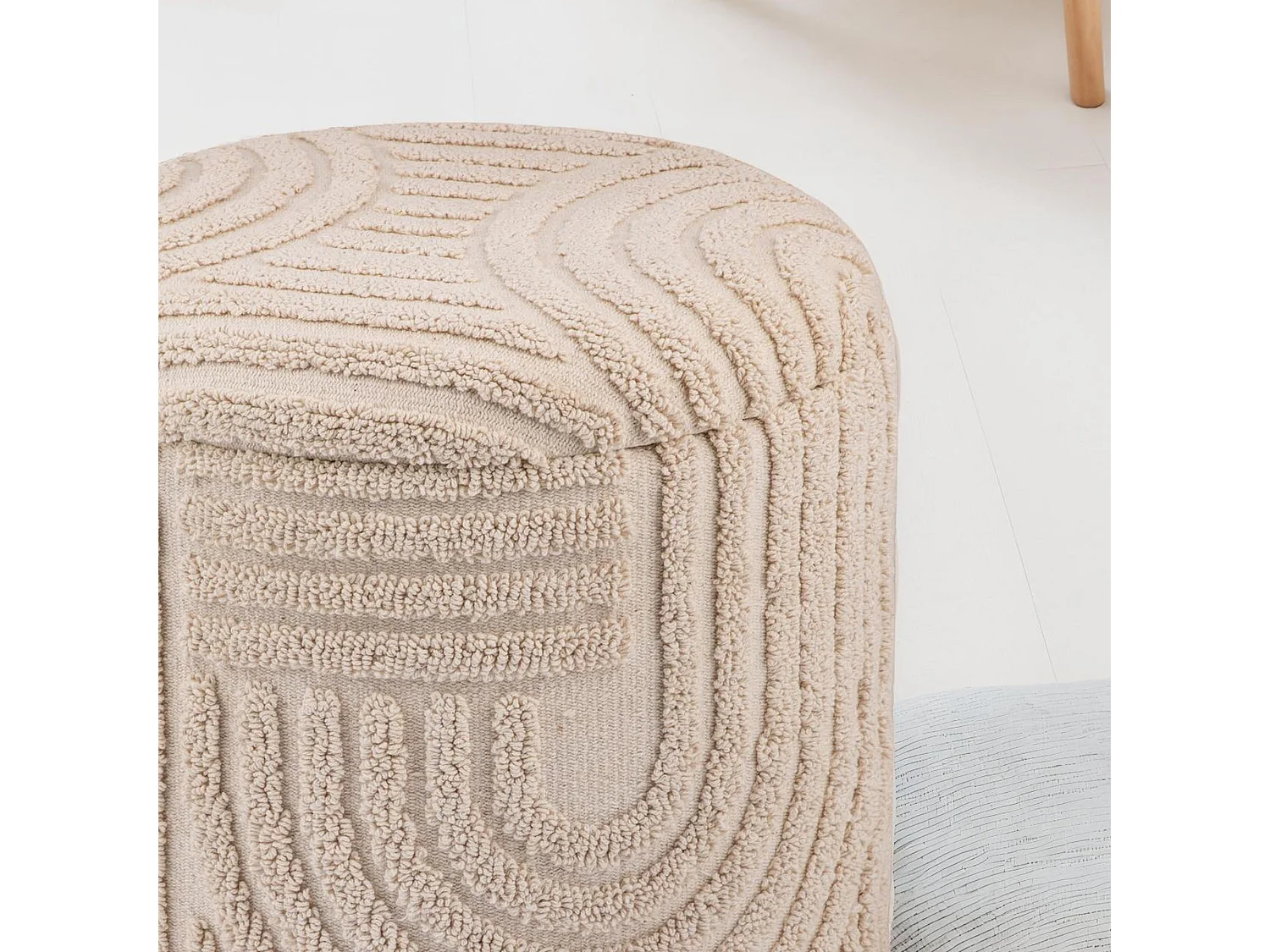 Tabouret décoratif  siège tabouret avec espace de rangement coton rond 40x45 cm beige bohème