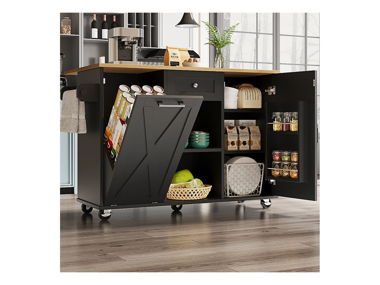 Desserte de cuisine mobile 2 portes et 1 tiroir Îlot de cuisine avec plateau extensible 142x(40-63)x87 cm - noir