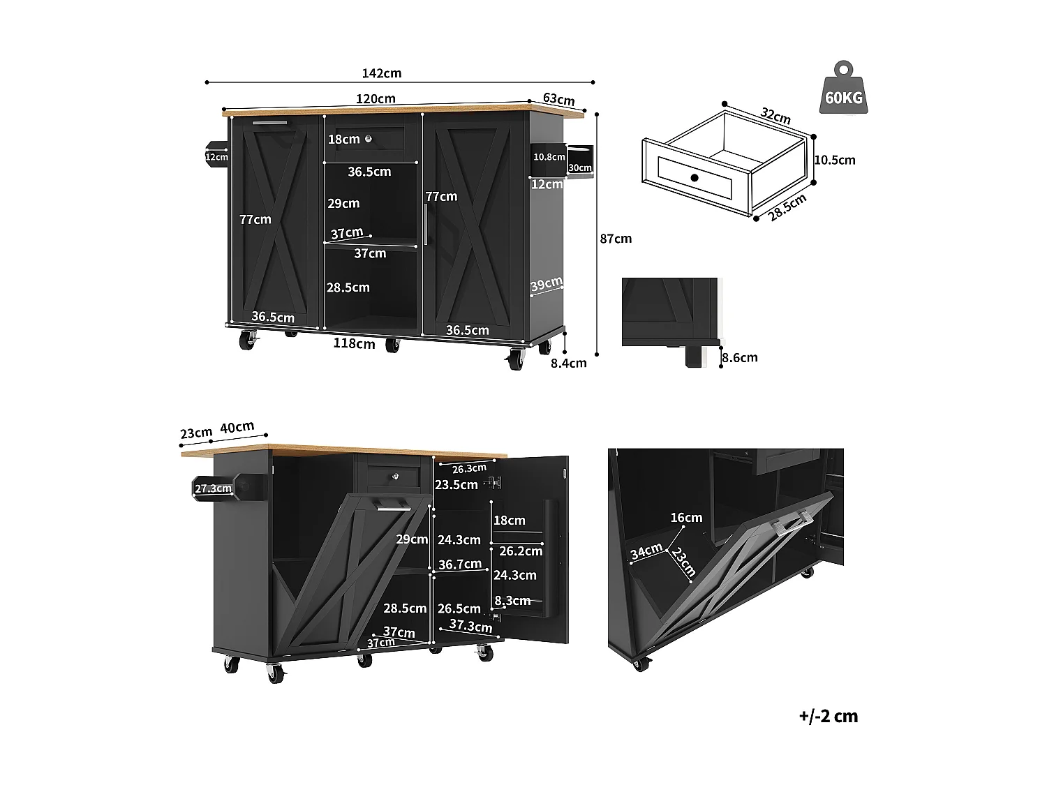 Desserte de cuisine mobile 2 portes et 1 tiroir Îlot de cuisine avec plateau extensible 142x(40-63)x87 cm - noir