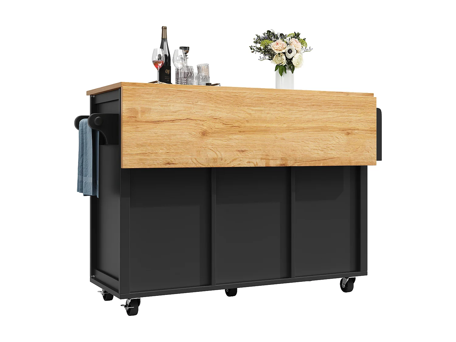 Mobiele keukentrolley 2 deuren en 2 lades Keukeneiland met uitschuifbaar blad 137,9x(45-73)x92,2 cm - zwart