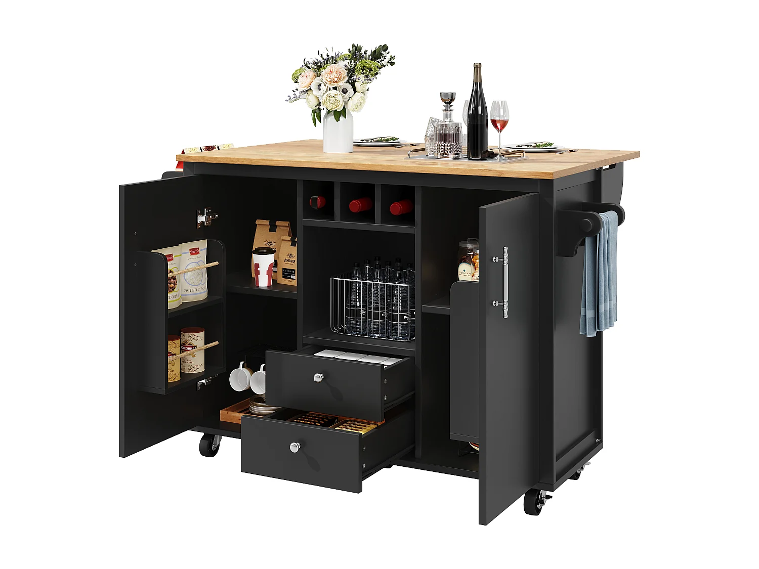 Mobiele keukentrolley 2 deuren en 2 lades Keukeneiland met uitschuifbaar blad 137,9x(45-73)x92,2 cm - zwart