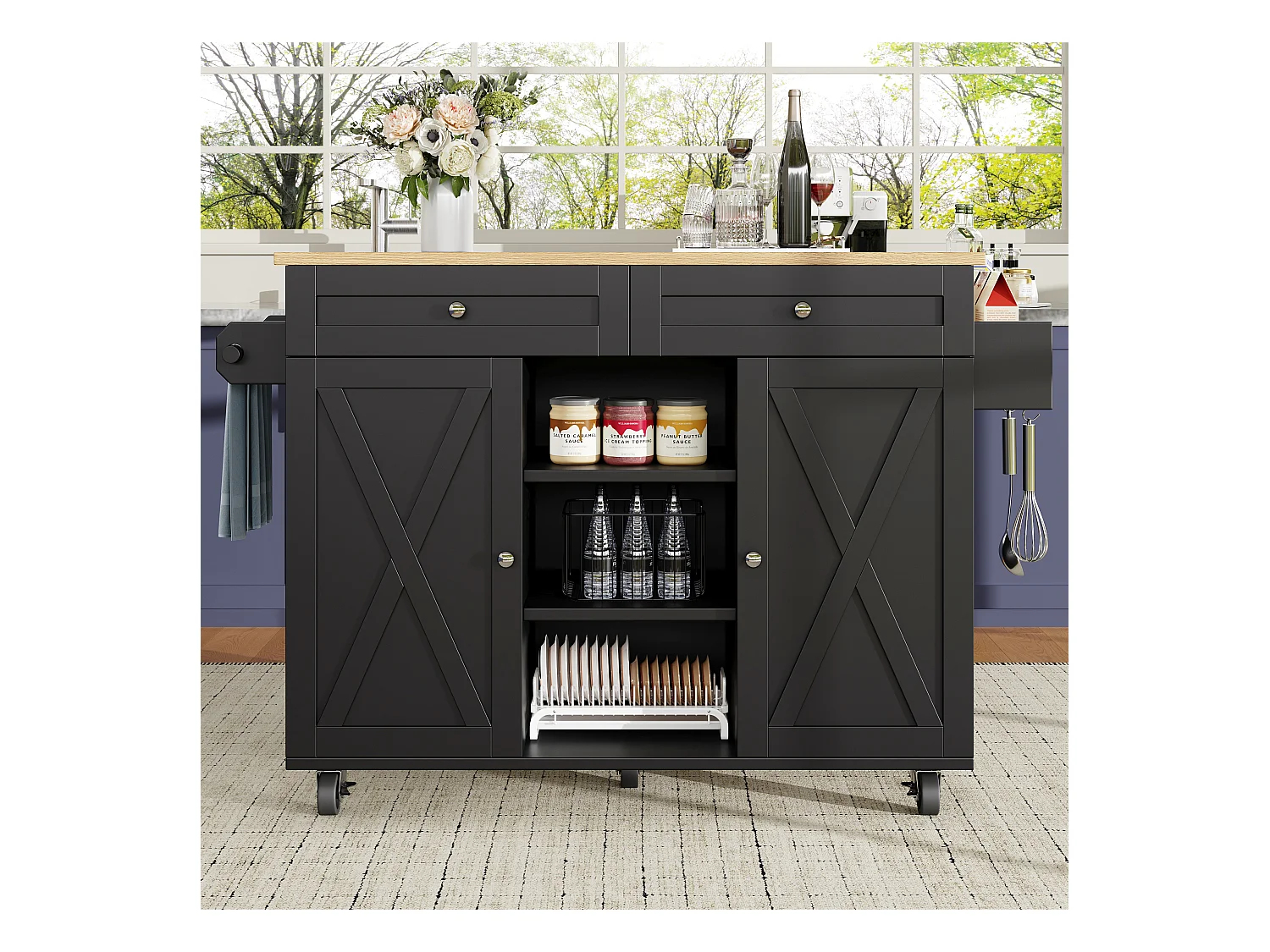 Desserte de cuisine mobile 2 portes et 2 tiroirs Îlot de cuisine avec plateau extensible 134x(45.2-75.4)x89 cm - noir
