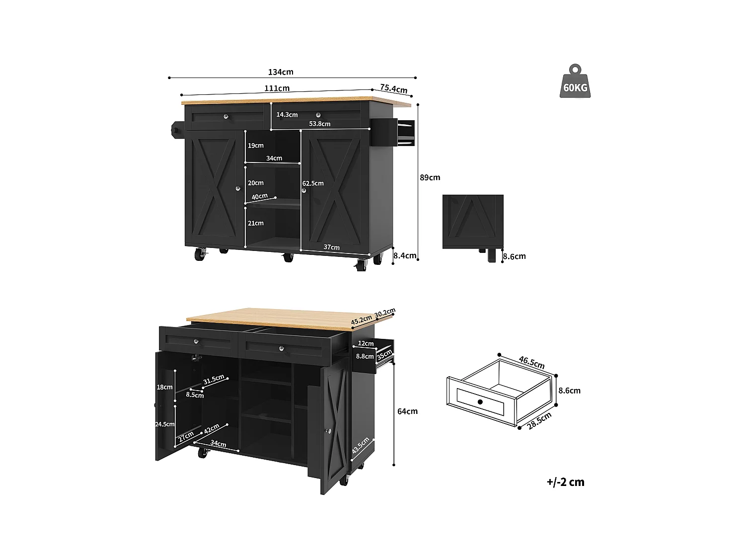 Desserte de cuisine mobile 2 portes et 2 tiroirs Îlot de cuisine avec plateau extensible 134x(45.2-75.4)x89 cm - noir