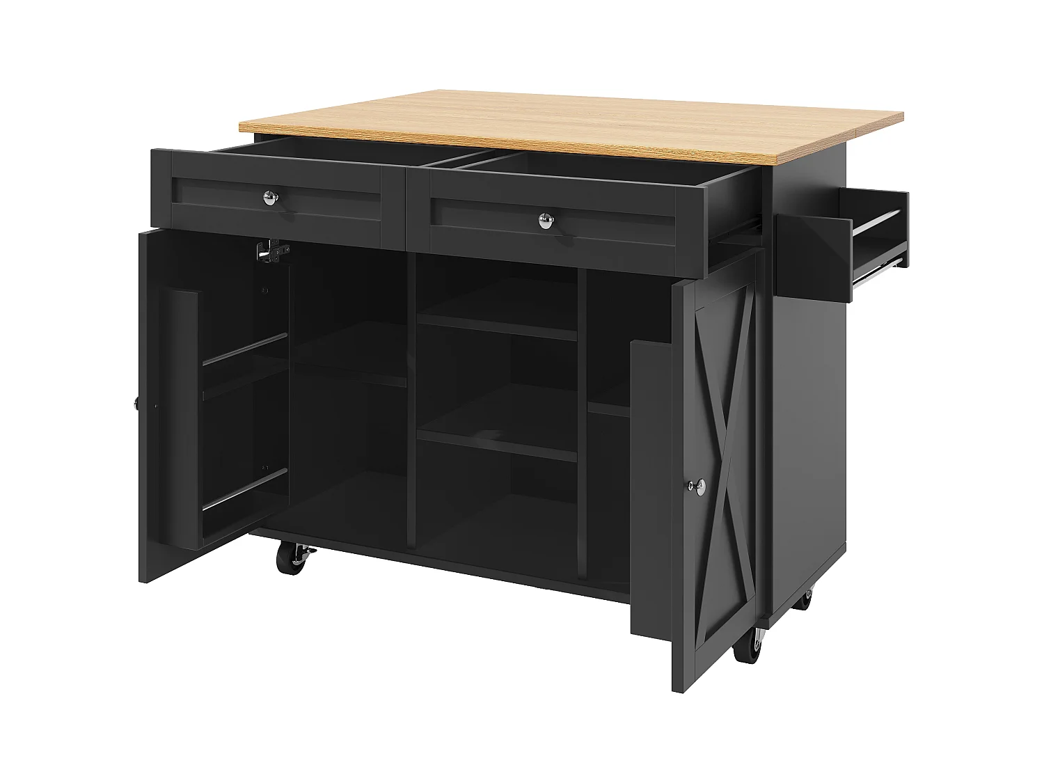 Desserte de cuisine mobile 2 portes et 2 tiroirs Îlot de cuisine avec plateau extensible 134x(45.2-75.4)x89 cm - noir