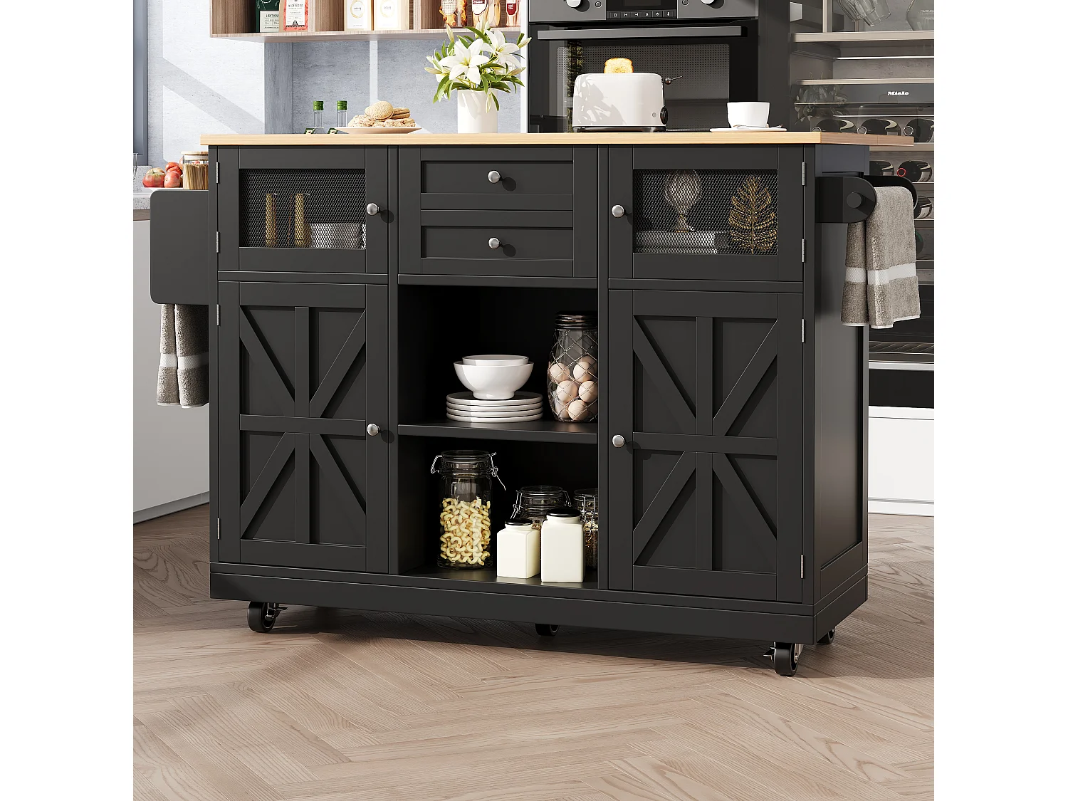 Desserte de cuisine mobile 4 portes et 2 tiroirs Îlot de cuisine avec plateau extensible 140x(40-70)x93.5 cm - noir