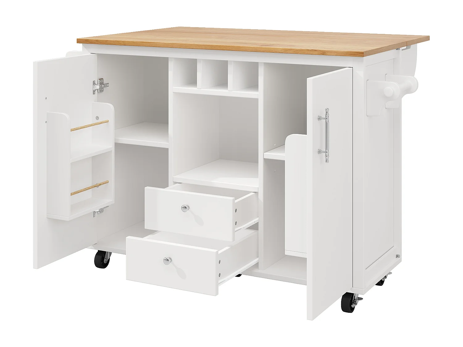 Mobiele keukentrolley 2 deuren en 2 laden Keukeneiland met uitschuifbaar blad 137,9x(45-73)x92,2 cm - wit