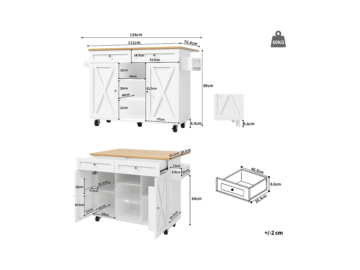 Desserte de cuisine mobile 2 portes et 2 tiroirs Îlot de cuisine avec plateau extensible 134x(45.2-75.4)x89 cm - blanc