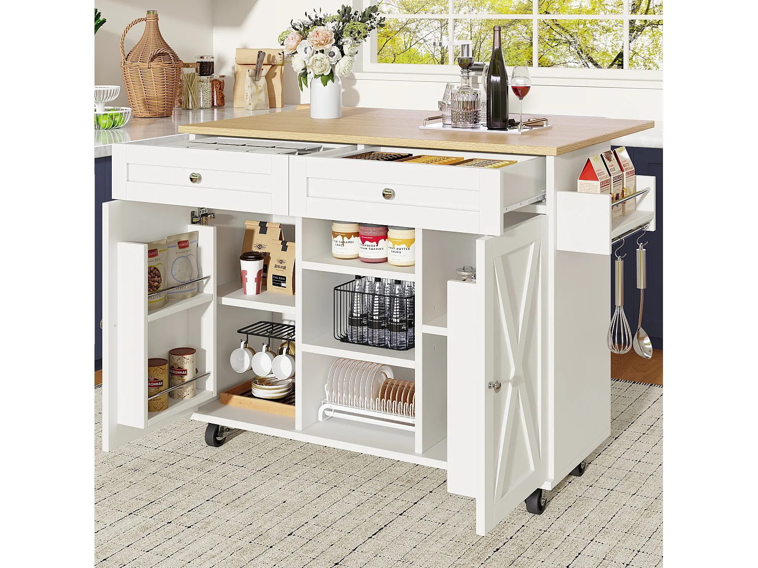 Desserte de cuisine mobile 2 portes et 2 tiroirs Îlot de cuisine avec plateau extensible 134x(45.2-75.4)x89 cm - blanc