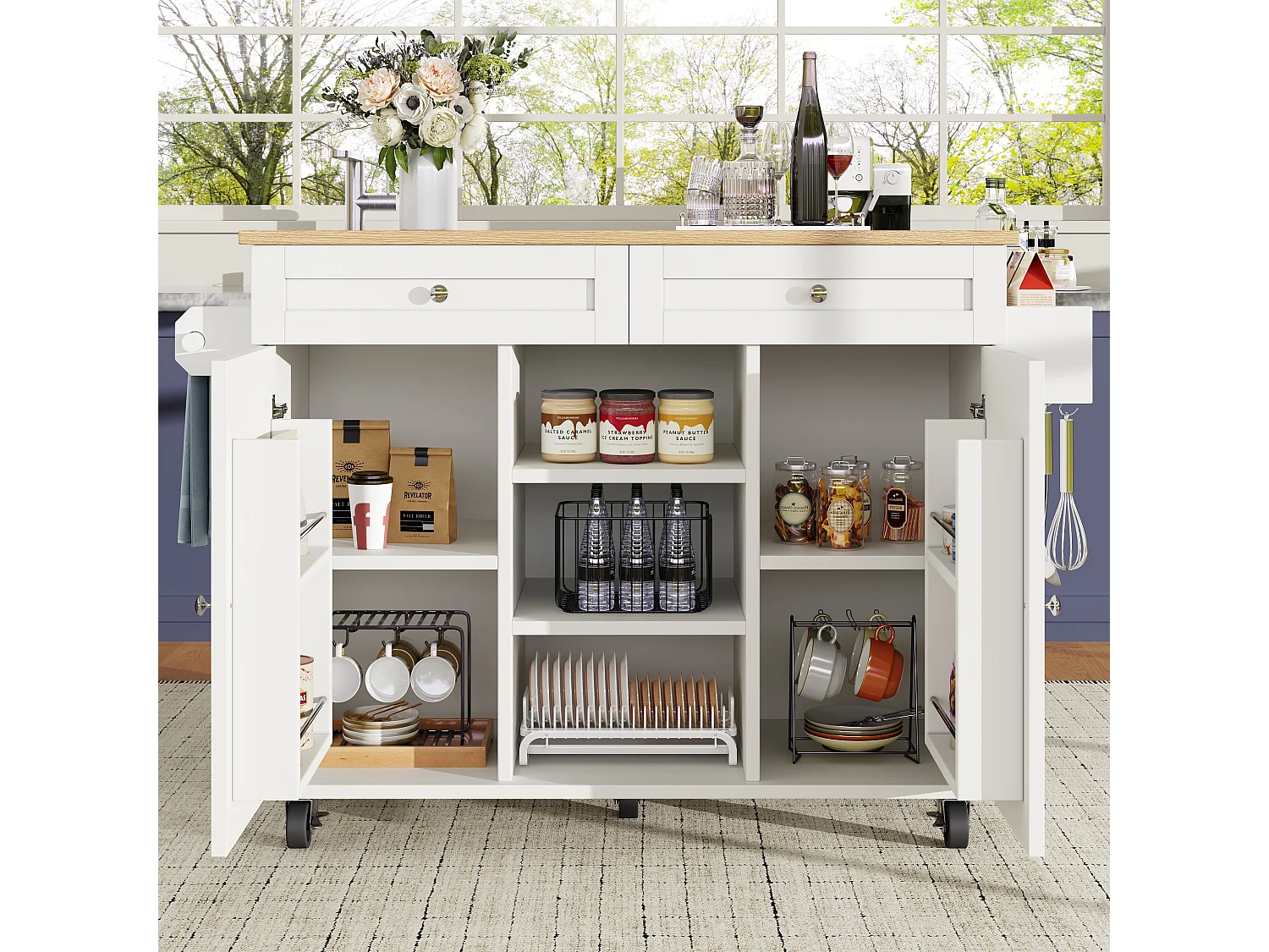 Desserte de cuisine mobile 2 portes et 2 tiroirs Îlot de cuisine avec plateau extensible 134x(45.2-75.4)x89 cm - blanc