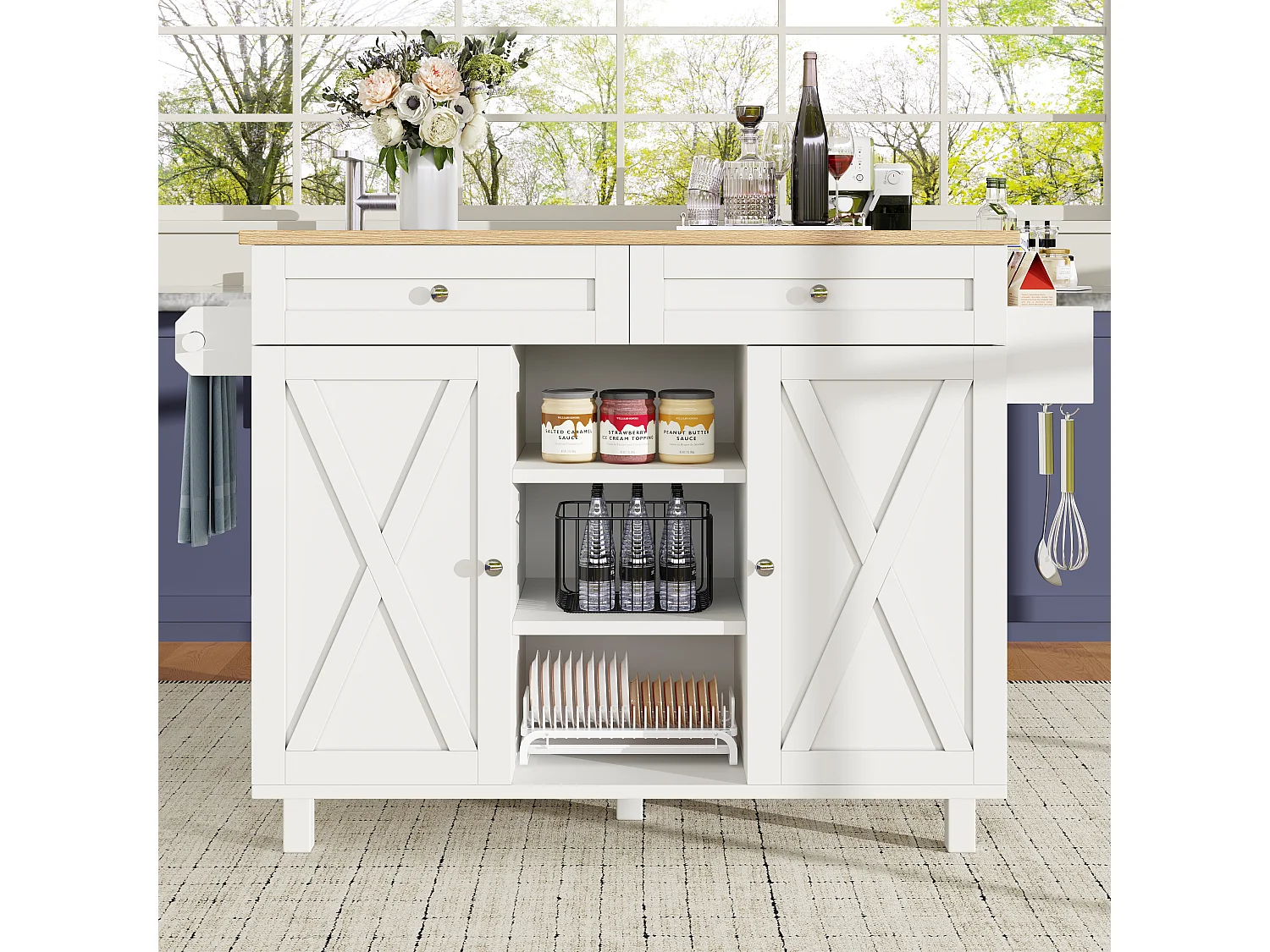 Carrito de cocina móvil 2 puertas y 2 cajones Isla de cocina con tapa extensible 134x(45,2-75,4)x89 cm - blanco