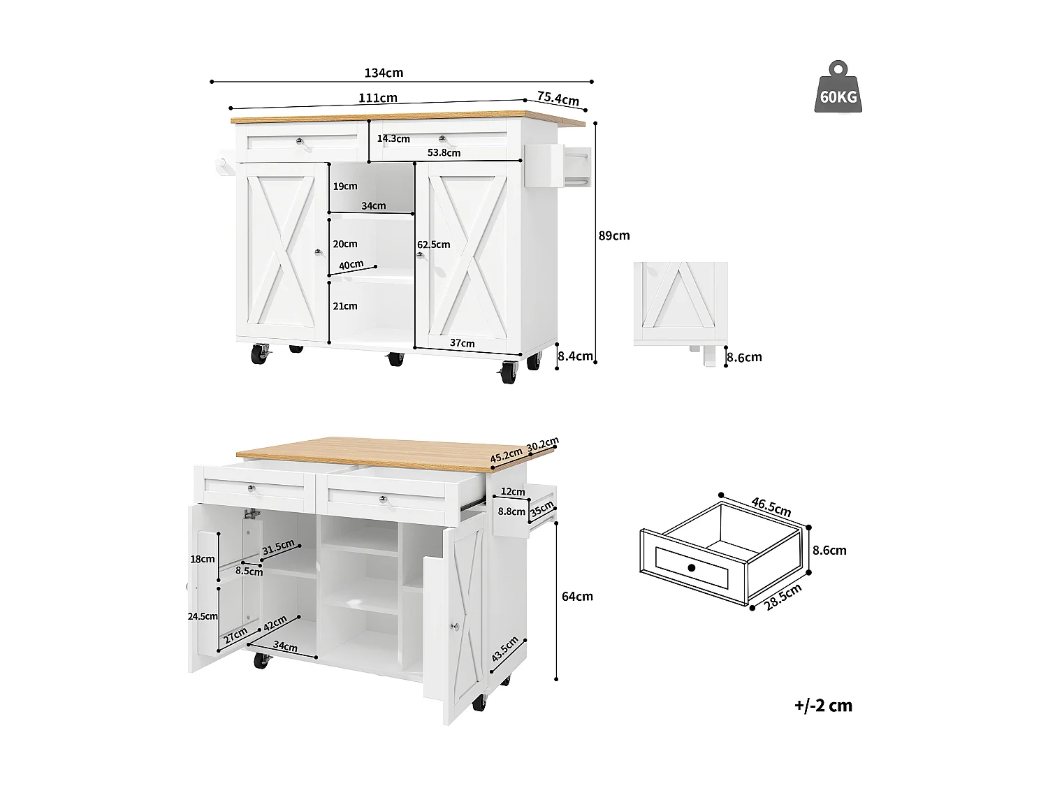 Carrito de cocina móvil 2 puertas y 2 cajones Isla de cocina con tapa extensible 134x(45,2-75,4)x89 cm - blanco