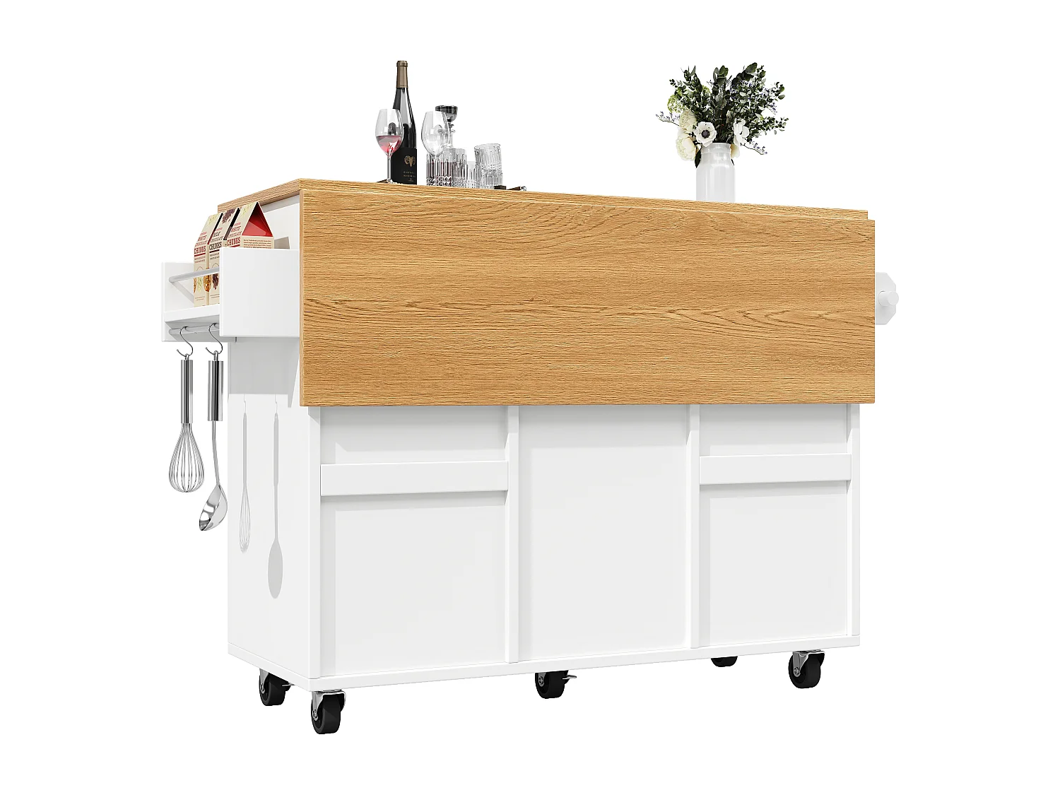 Carrito de cocina móvil 2 puertas y 2 cajones Isla de cocina con tapa extensible 134x(45,2-75,4)x89 cm - blanco