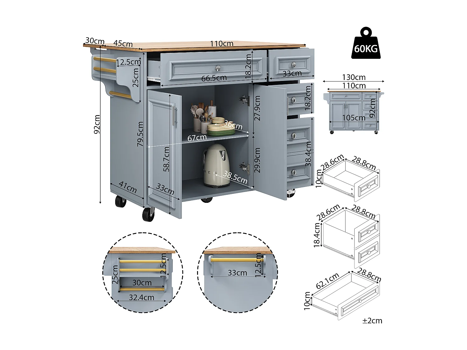 Desserte de cuisine mobile 2 portes et 5 tiroirs Îlot de cuisine avec plateau extensible 130x(45-75)x92 cm - bleu