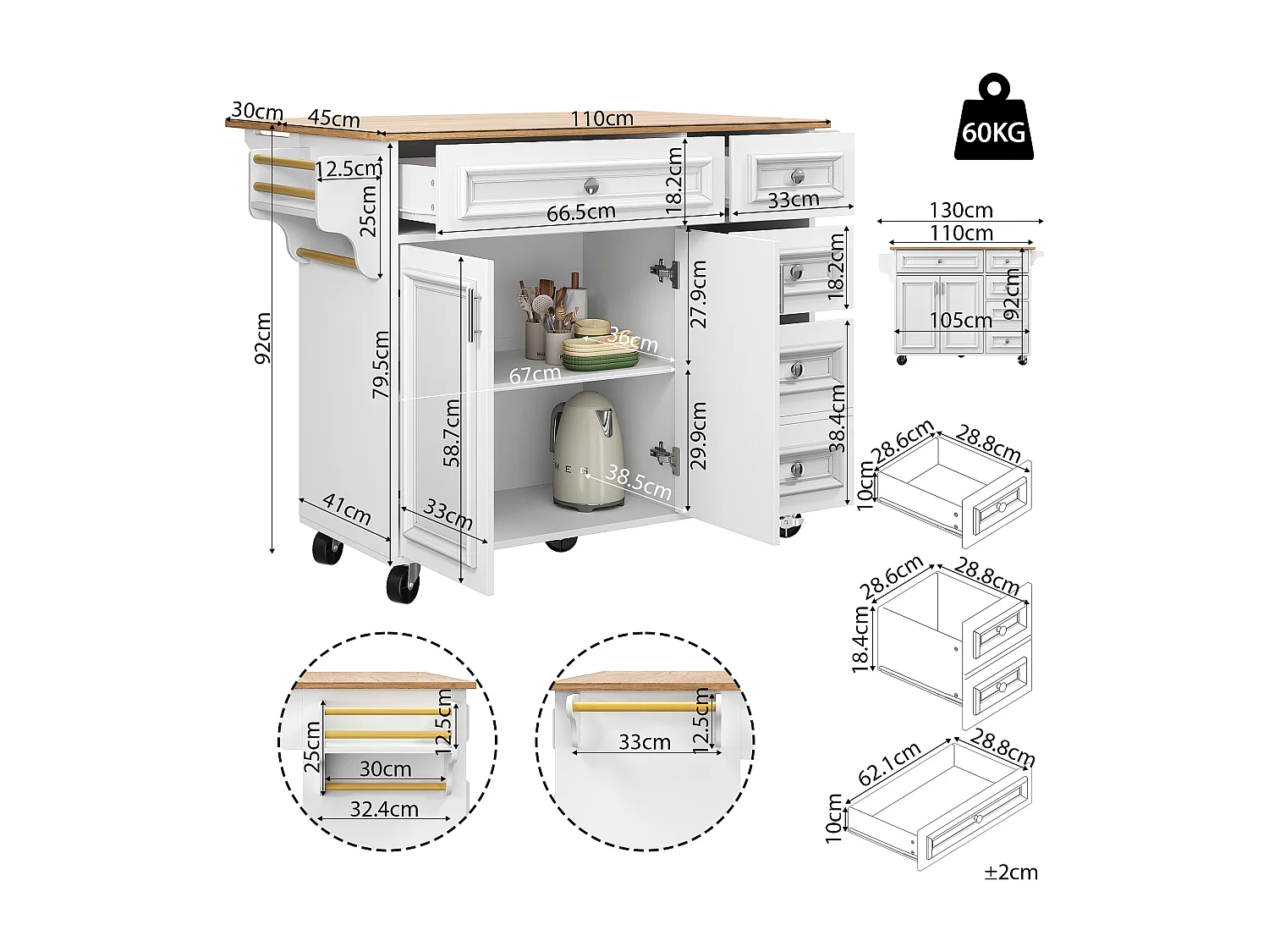 Desserte de cuisine mobile 2 portes et 5 tiroirs Îlot de cuisine avec plateau extensible 130x(45-75)x92 cm - blanc