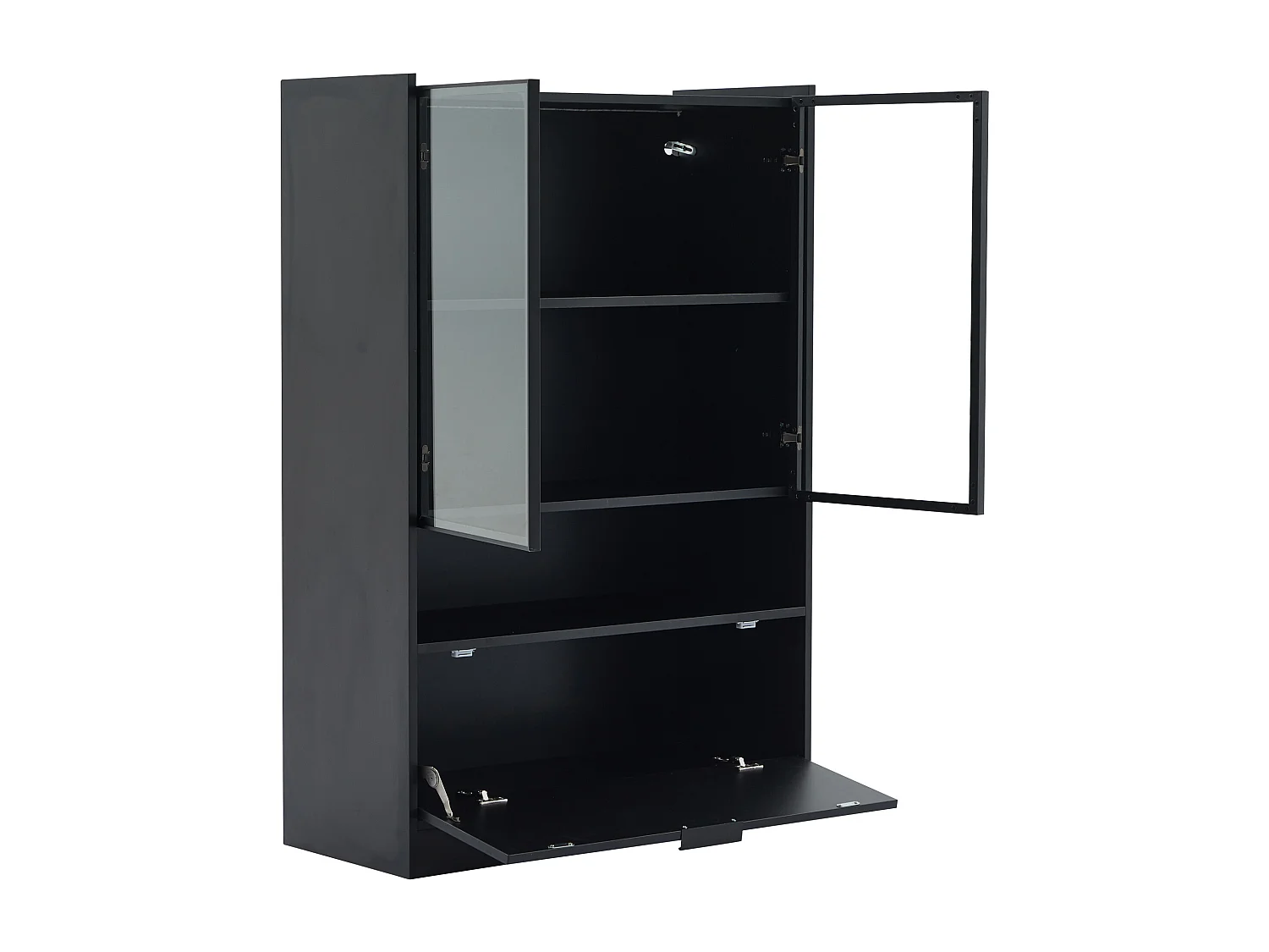 Vitrine bibliothèque LED 2 portes en verre et 1 porte abattante - meuble de rangement ouvert - bois - noir (80x35x120 cm)