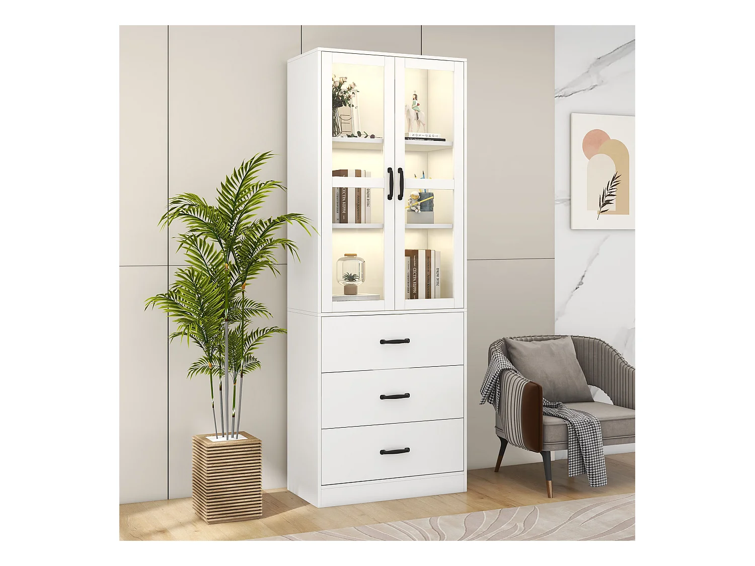 Vitrine bibliothèque LED 2 portes en verre 3 tiroirs - meuble de rangement en bois - blanc (60x40x200 cm)