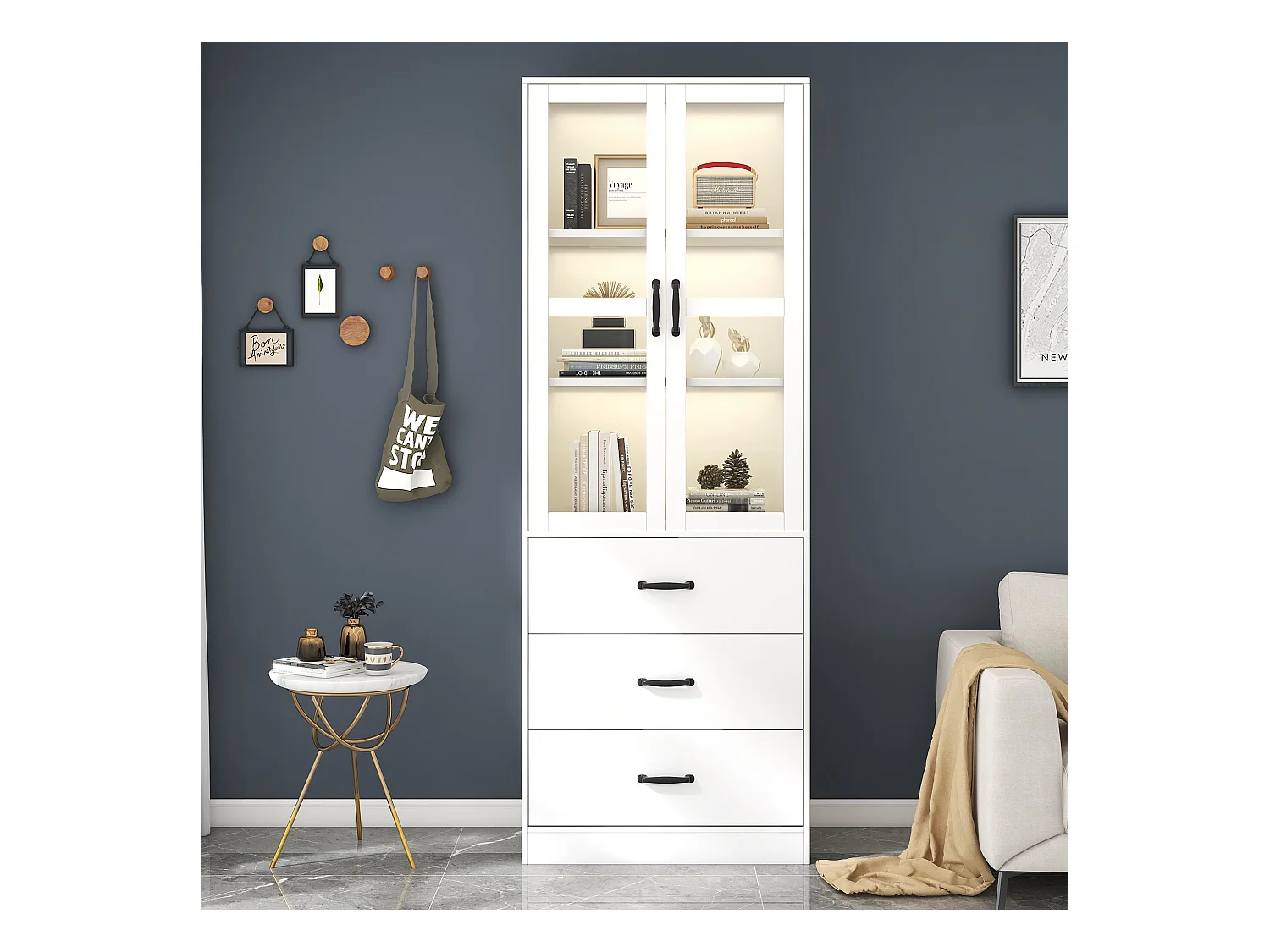 Vitrine bibliothèque LED 2 portes en verre 3 tiroirs - meuble de rangement en bois - blanc (60x40x200 cm)