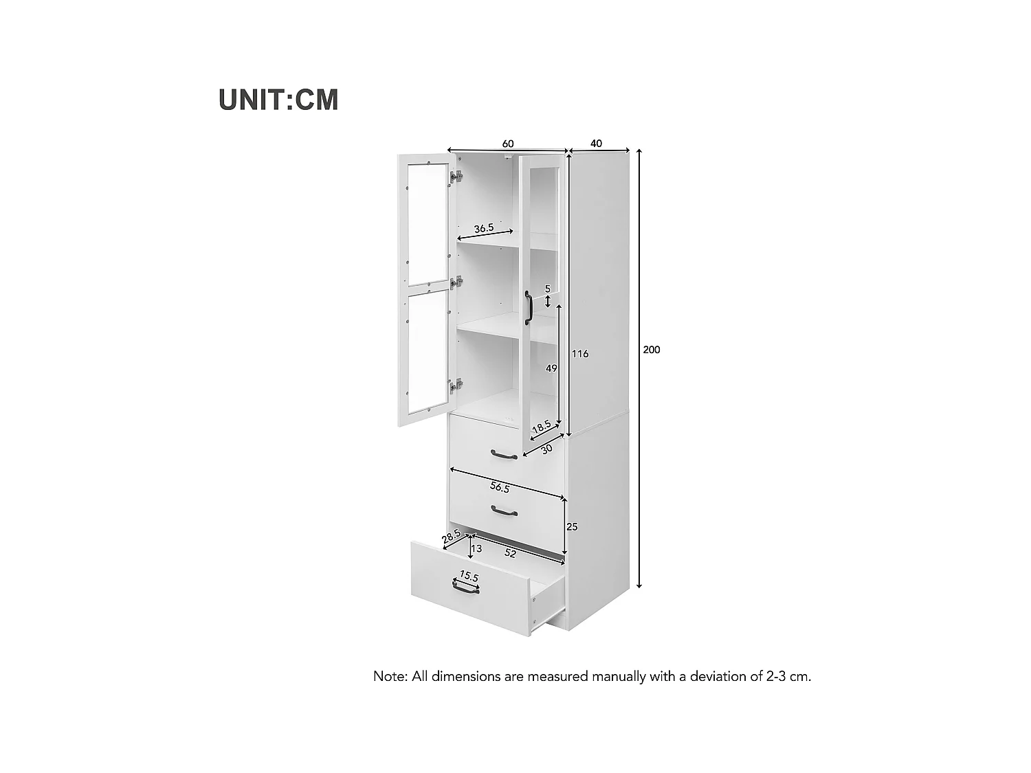 Vitrine bibliothèque LED 2 portes en verre 3 tiroirs - meuble de rangement en bois - blanc (60x40x200 cm)