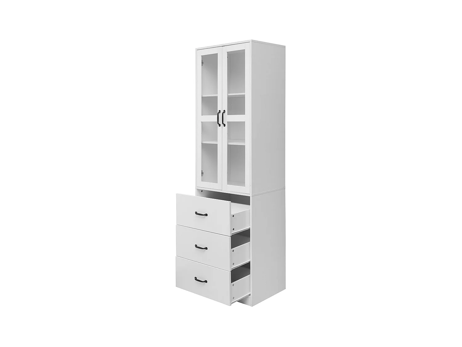 Vitrine bibliothèque LED 2 portes en verre 3 tiroirs - meuble de rangement en bois - blanc (60x40x200 cm)