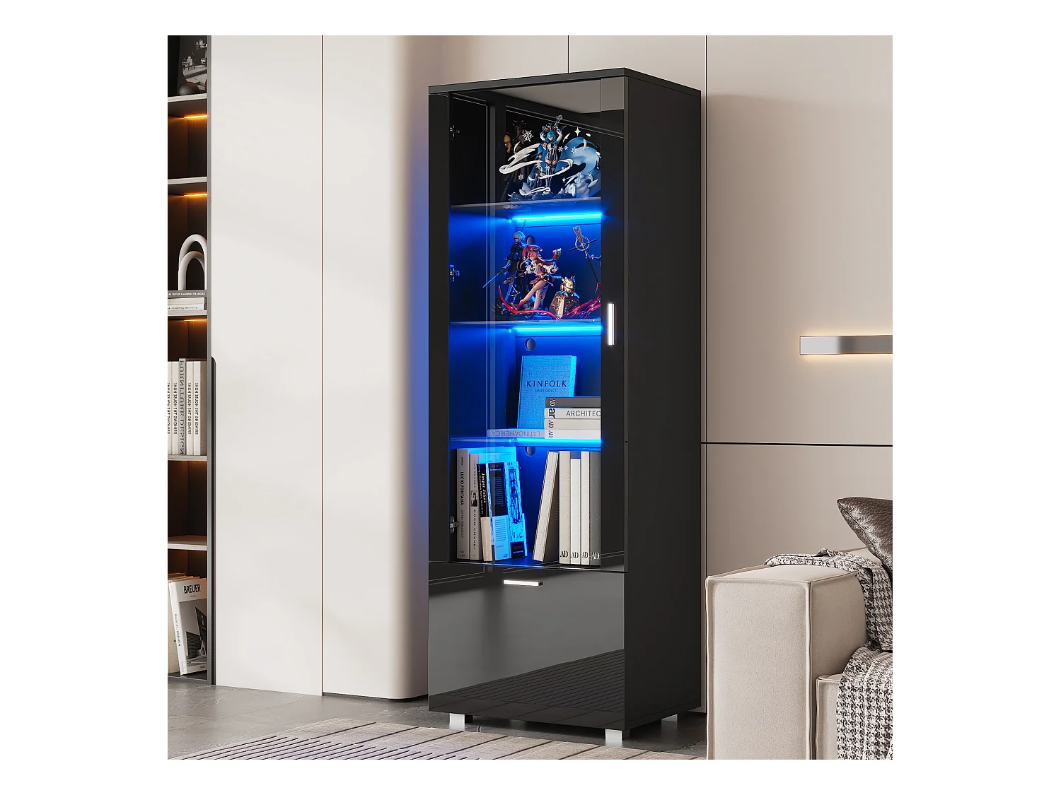 Vitrine bibliothèque LED 1 porte 1 tiroir - meuble de rangement en bois - noir (50x40x160 cm)