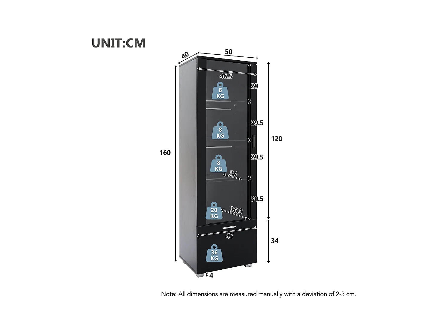 Vitrine bibliothèque LED 1 porte 1 tiroir - meuble de rangement en bois - noir (50x40x160 cm)