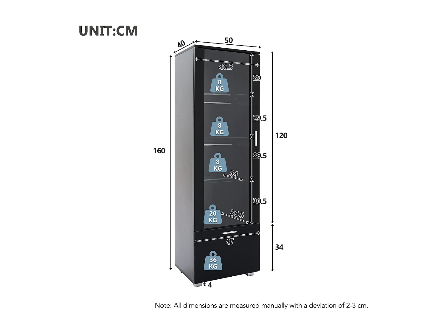 LED boekenkast vitrinekast met 1 deur en 1 lade - houten opbergmeubel - zwart (50x40x160 cm)