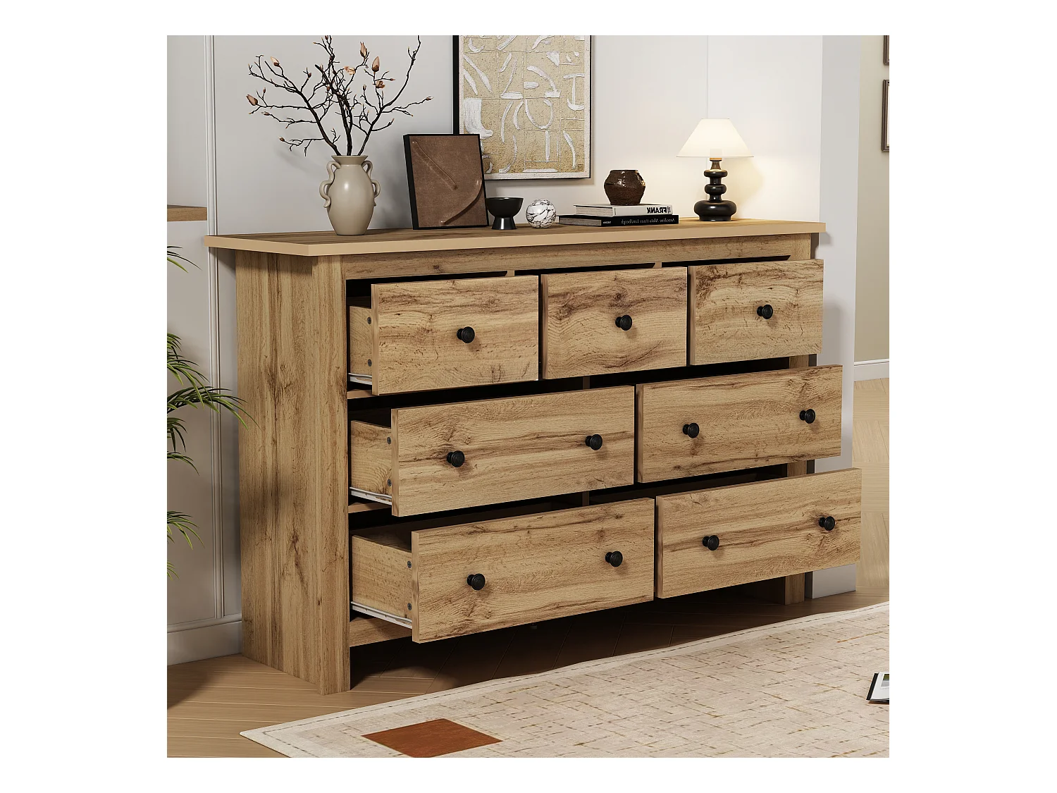 Commode buffet salon bois 7 tiroirs - meuble de rangement - marron (152x40x88.5 cm)