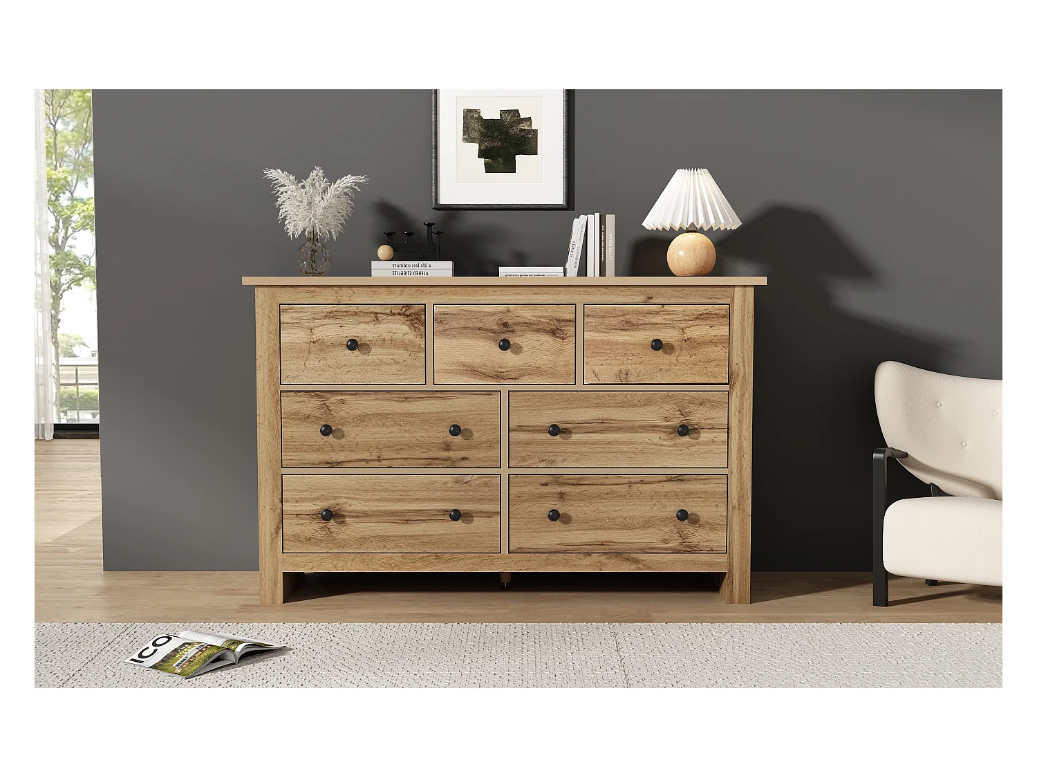 Commode buffet salon bois 7 tiroirs - meuble de rangement - marron (152x40x88.5 cm)