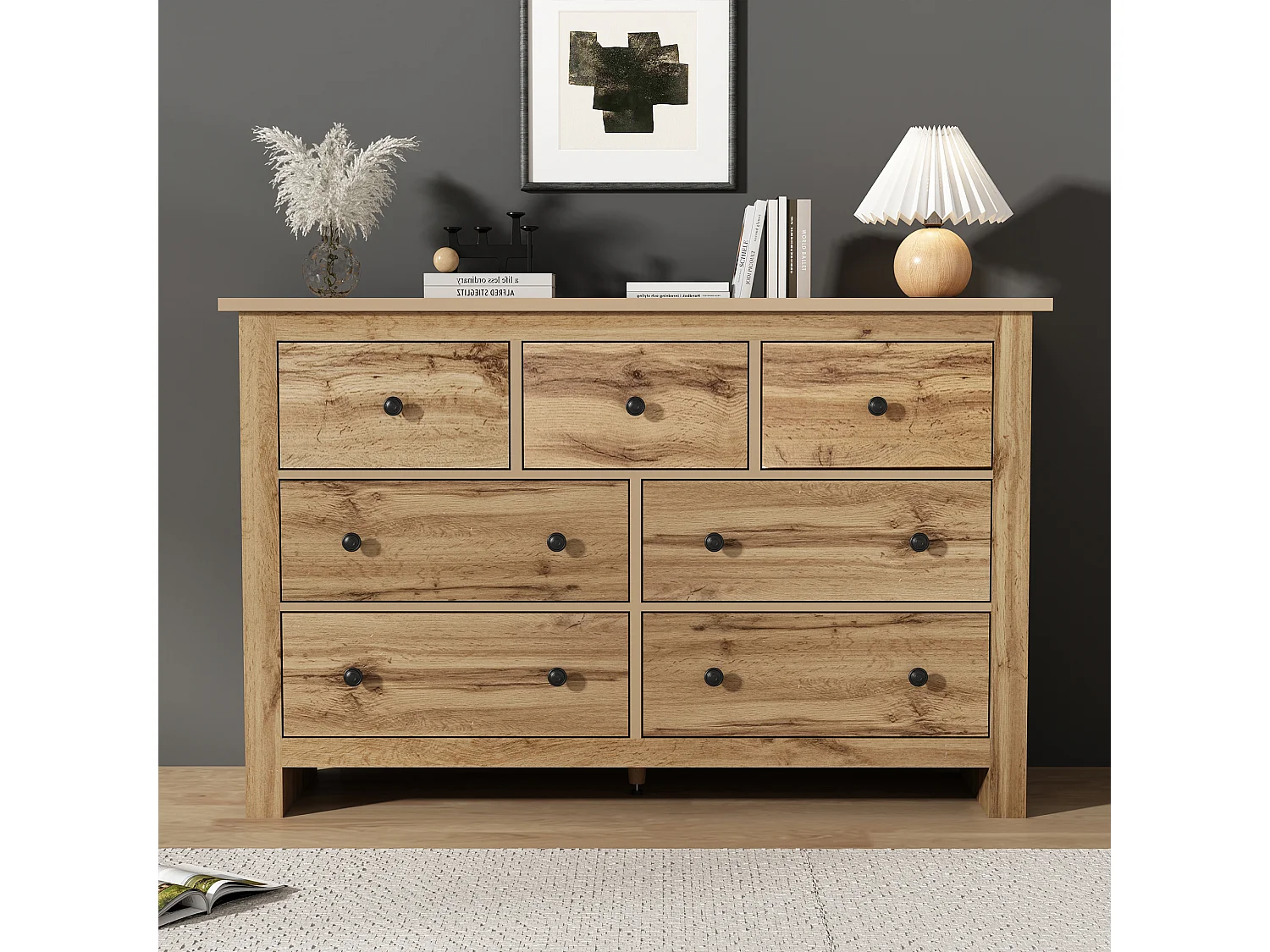 Commode buffet salon bois 7 tiroirs - meuble de rangement - marron (152x40x88.5 cm)