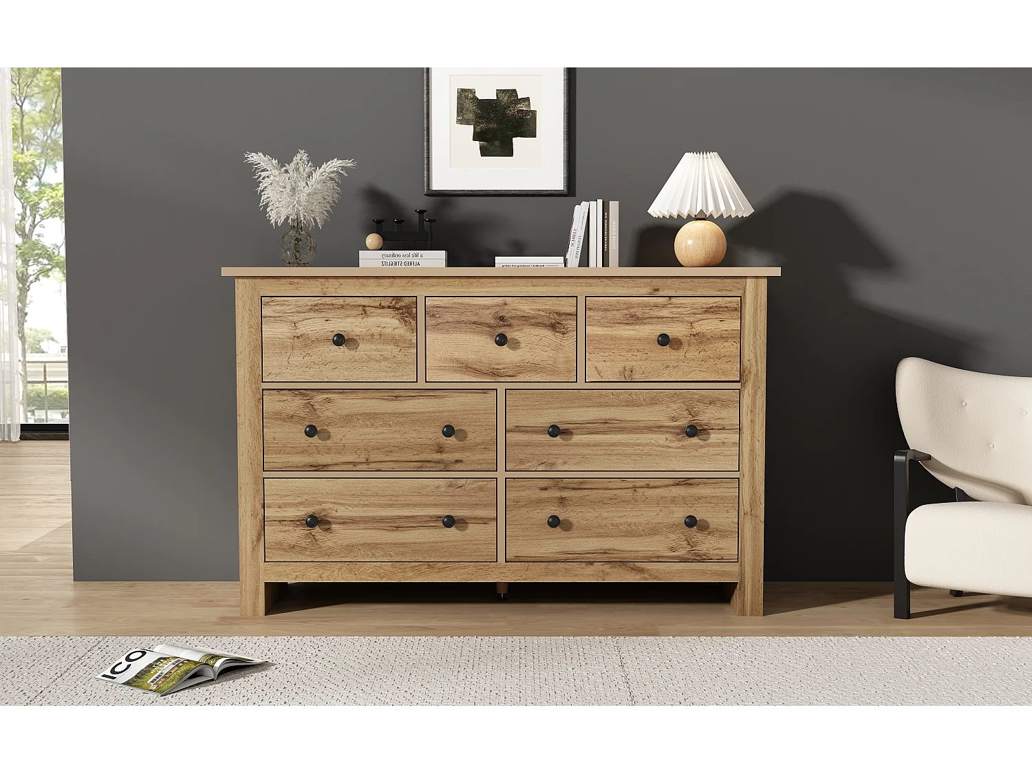 Commode buffet salon bois 7 tiroirs - meuble de rangement - marron (152x40x88.5 cm)