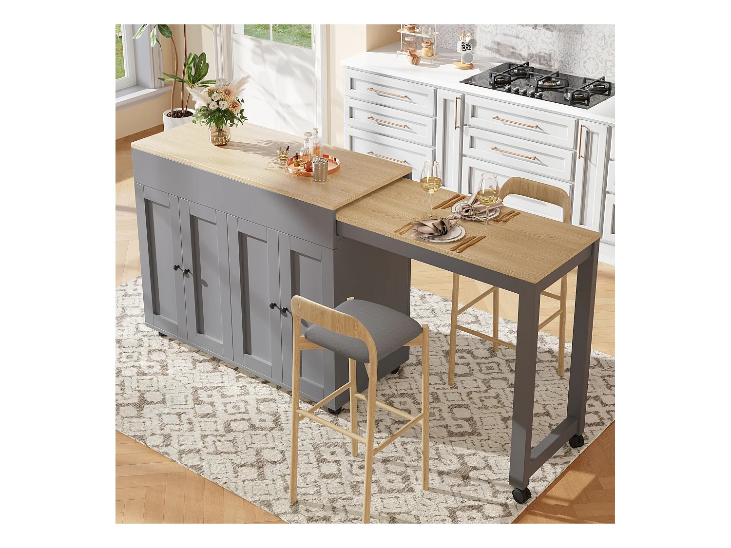 Table de bar 4 portes Îlot de cuisine en bois avec plateau extensible (118-180)x50x94 cm - gris