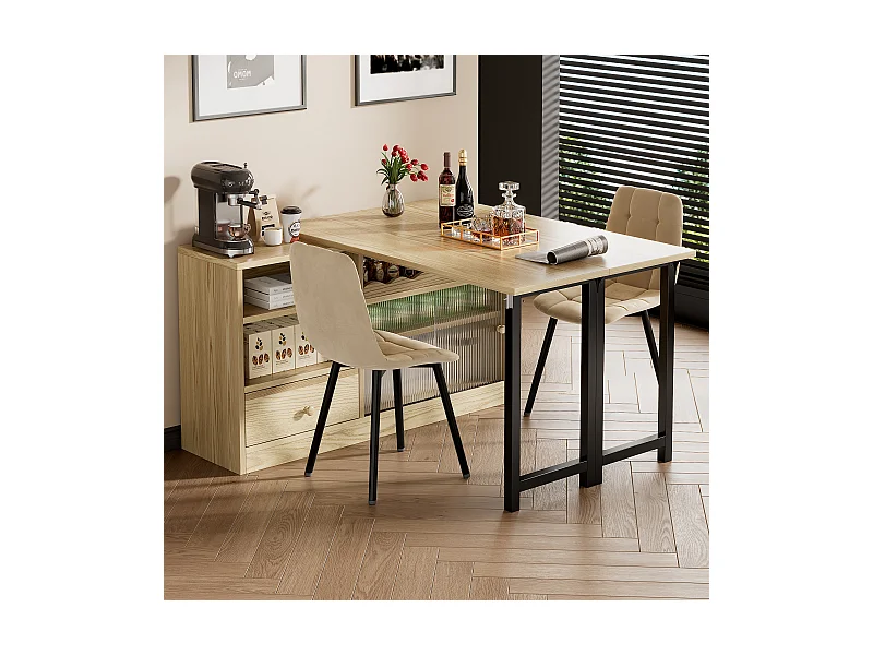 Table de bar pivotant 2 portes en verre 1 tiroir buffet en bois avec plateau extensible - meuble de rangement - chêne (120x40x75 cm)