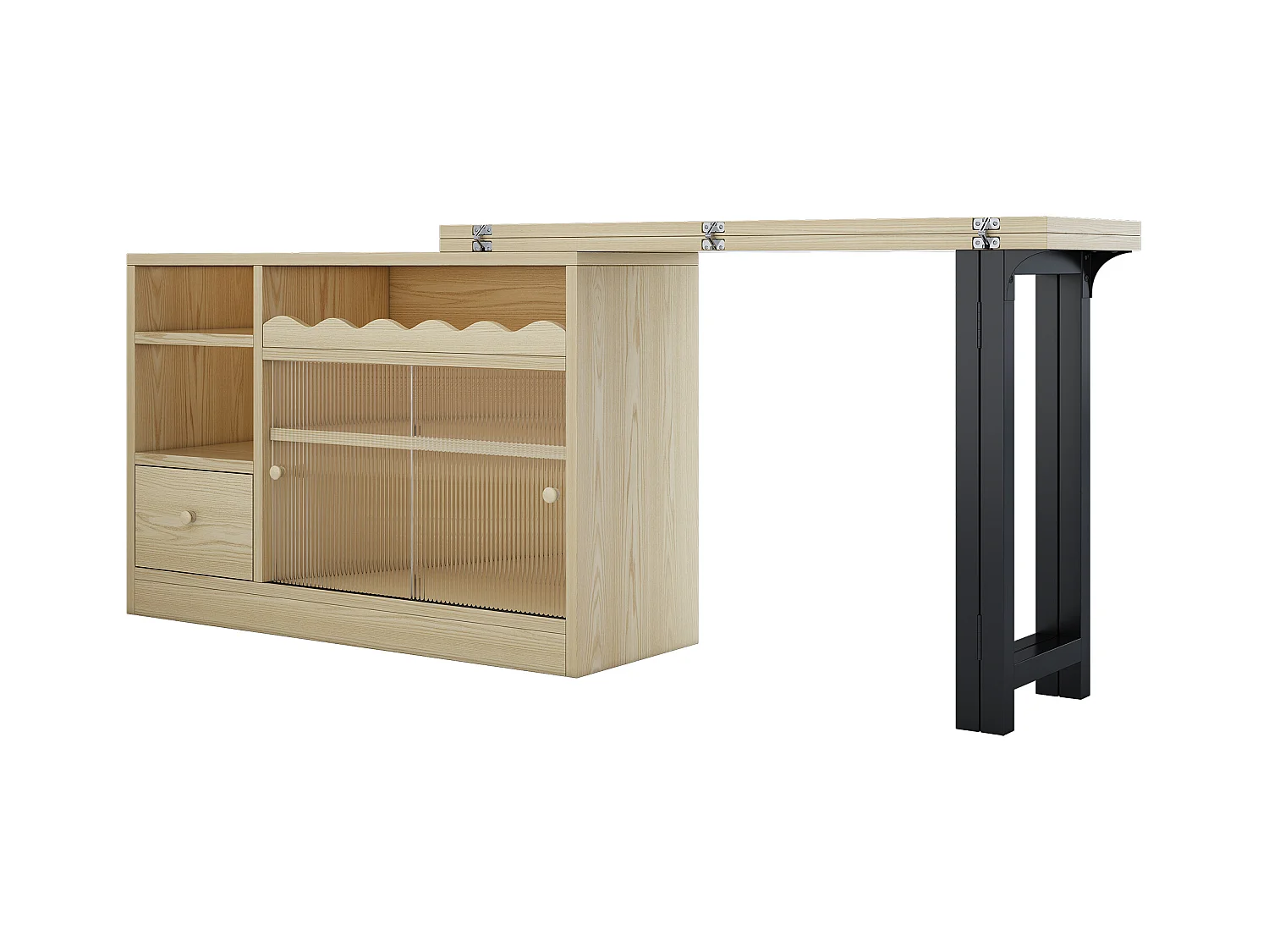 Table de bar pivotant 2 portes en verre 1 tiroir buffet en bois avec plateau extensible - meuble de rangement - chêne (120x40x75 cm)