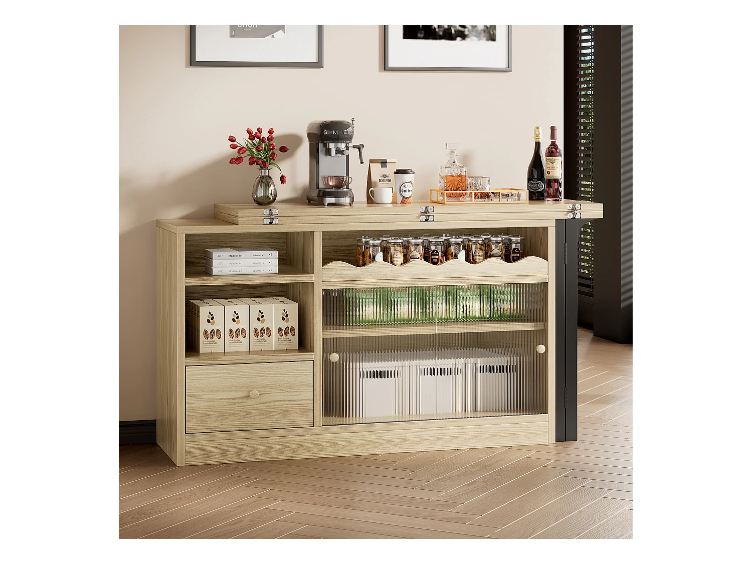 Table de bar pivotant 2 portes en verre 1 tiroir buffet en bois avec plateau extensible - meuble de rangement - chêne (120x40x75 cm)