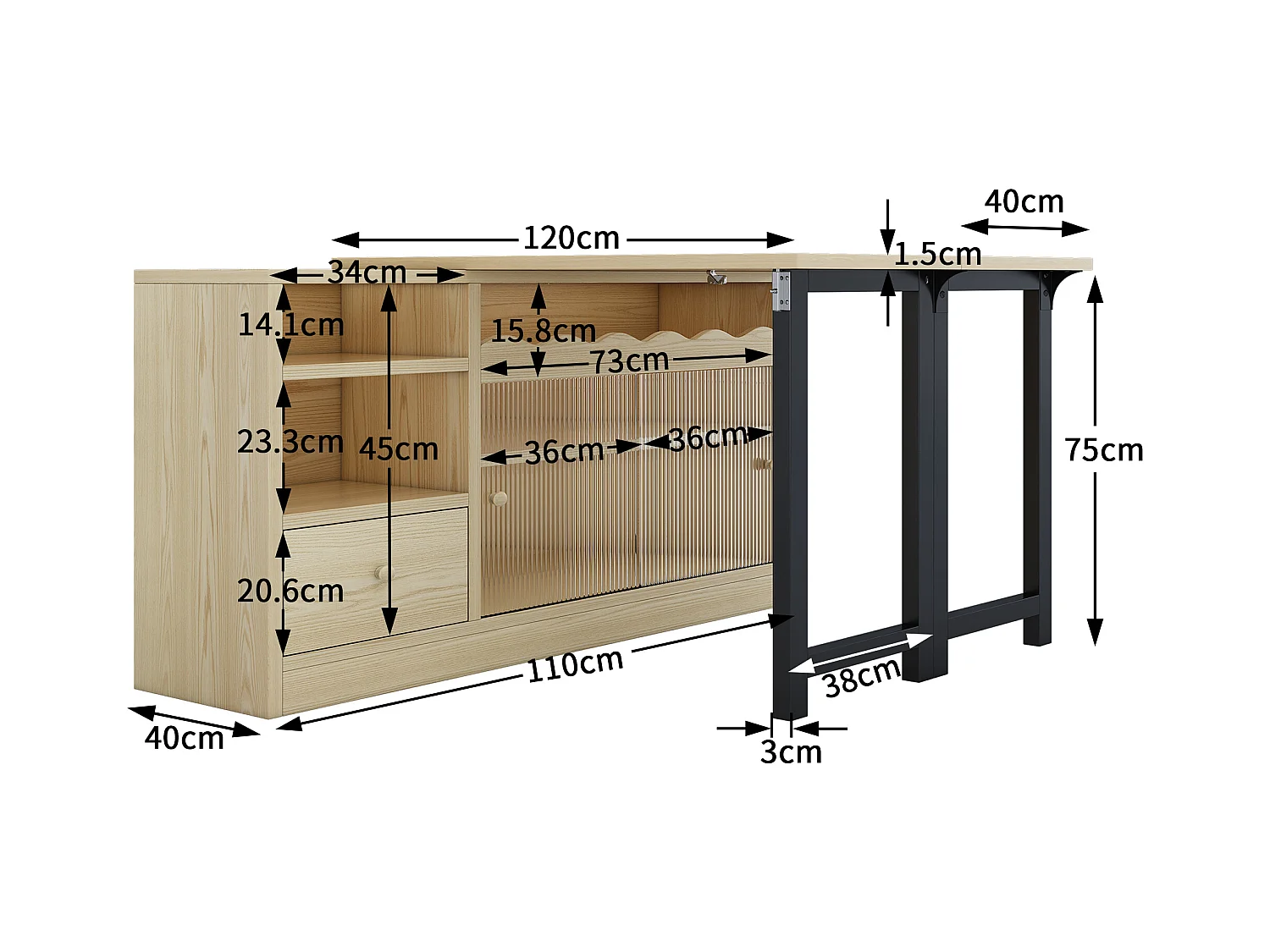 Table de bar pivotant 2 portes en verre 1 tiroir buffet en bois avec plateau extensible - meuble de rangement - chêne (120x40x75 cm)