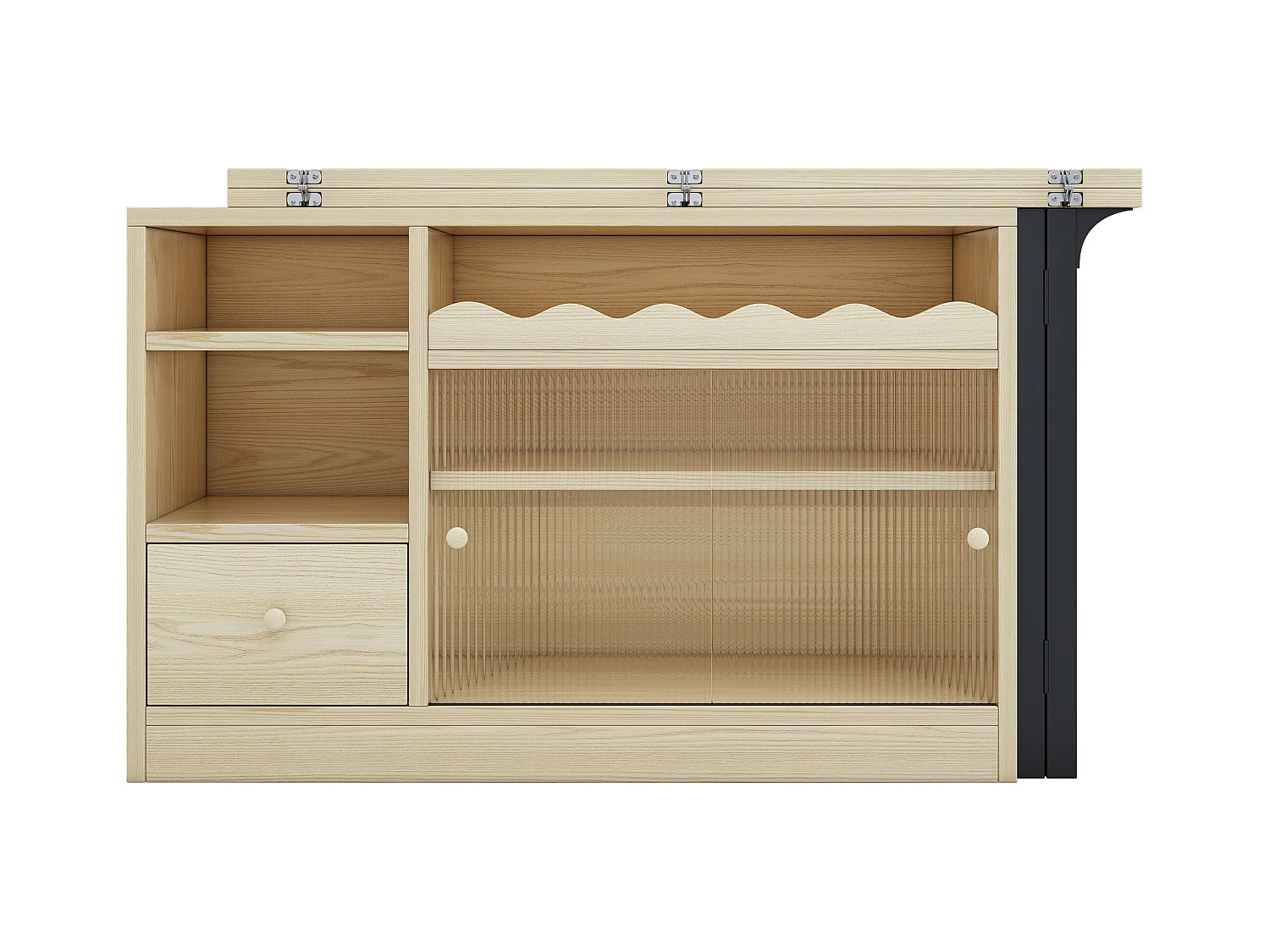 Table de bar pivotant 2 portes en verre 1 tiroir buffet en bois avec plateau extensible - meuble de rangement - chêne (120x40x75 cm)