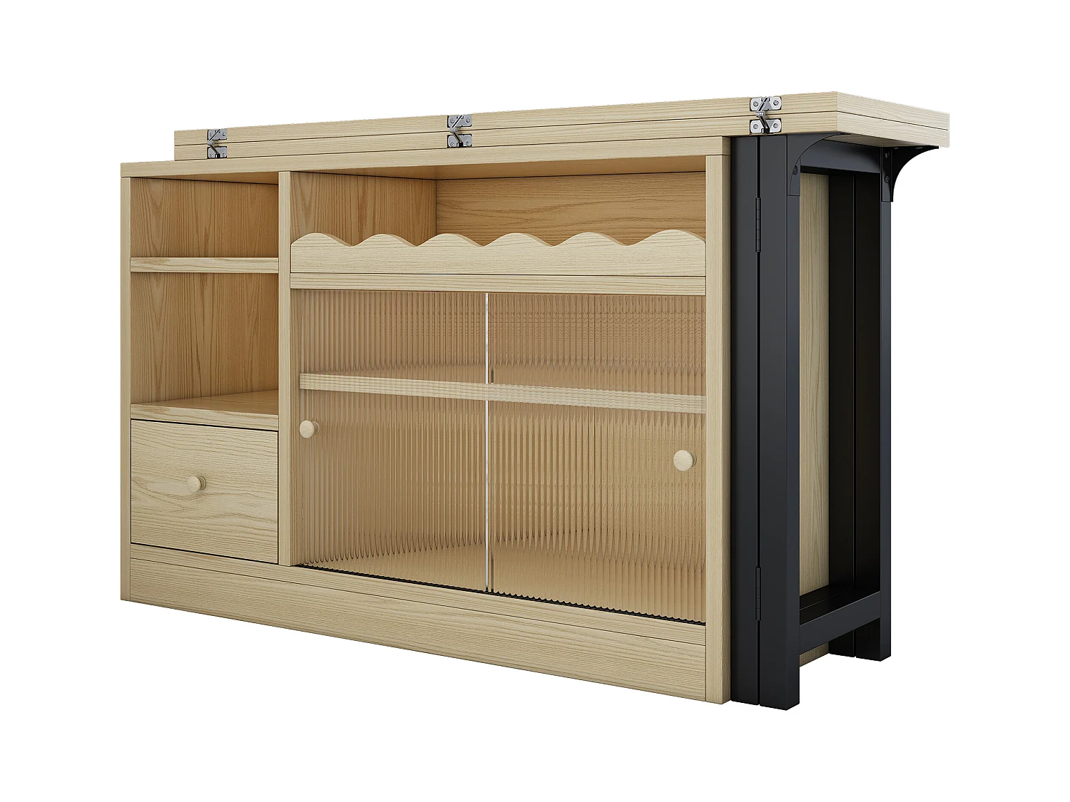 Table de bar pivotant 2 portes en verre 1 tiroir buffet en bois avec plateau extensible - meuble de rangement - chêne (120x40x75 cm)