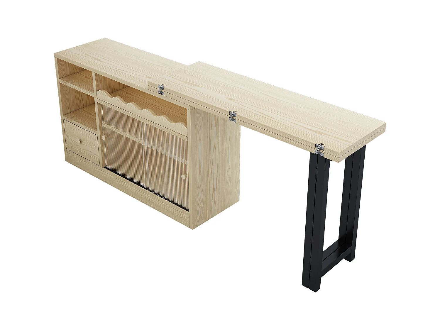 Table de bar pivotant 2 portes en verre 1 tiroir buffet en bois avec plateau extensible - meuble de rangement - chêne (120x40x75 cm)