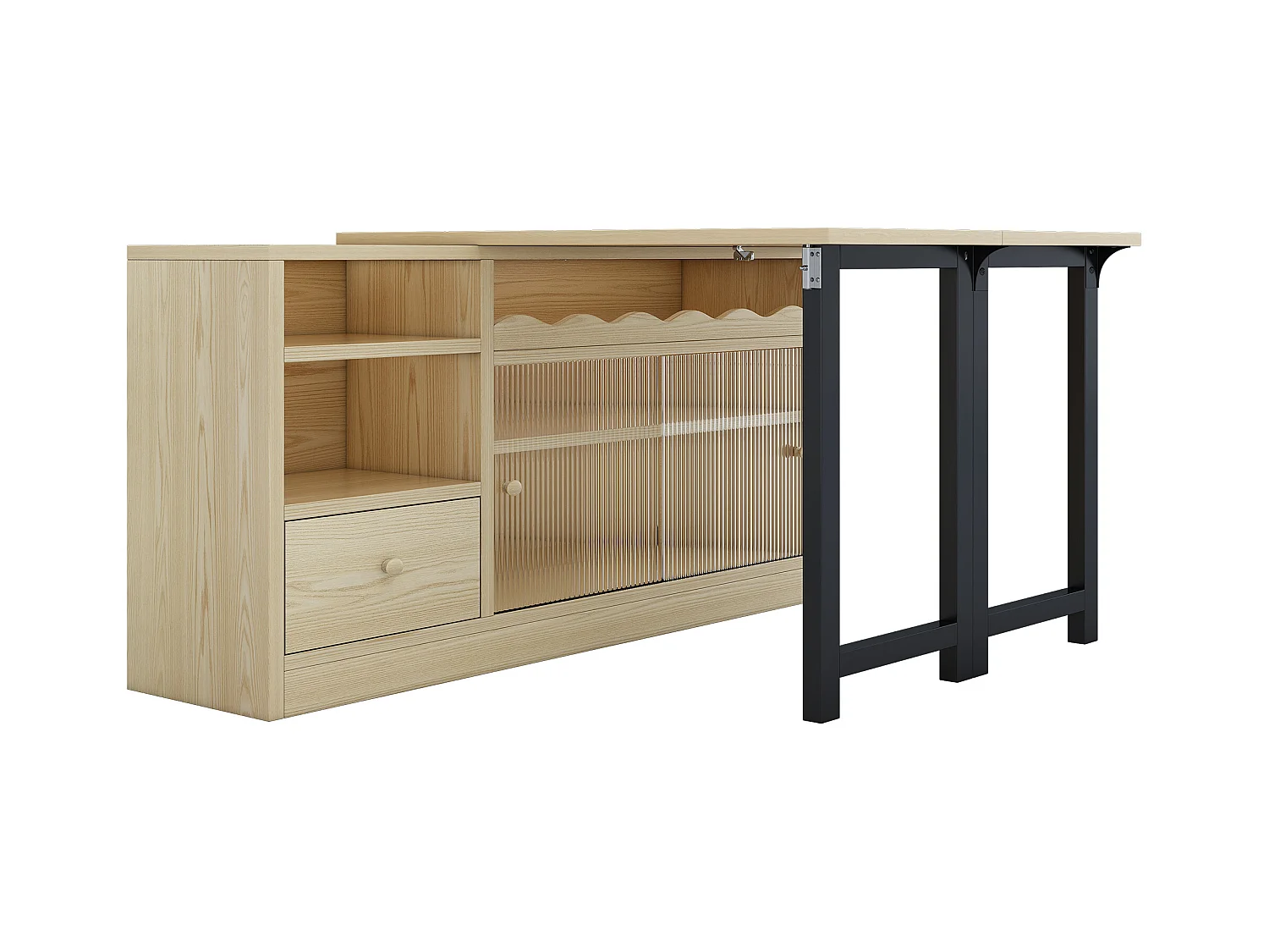 Table de bar pivotant 2 portes en verre 1 tiroir buffet en bois avec plateau extensible - meuble de rangement - chêne (120x40x75 cm)