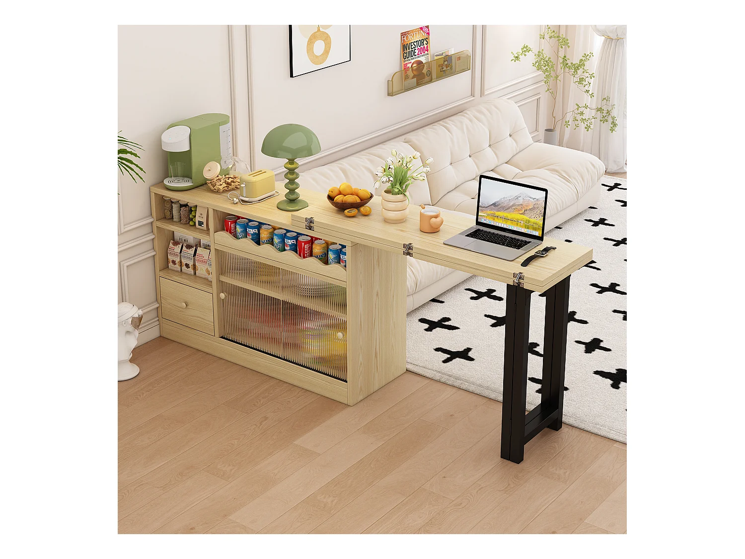 Table de bar pivotant 2 portes en verre 1 tiroir buffet en bois avec plateau extensible - meuble de rangement - chêne (120x40x75 cm)