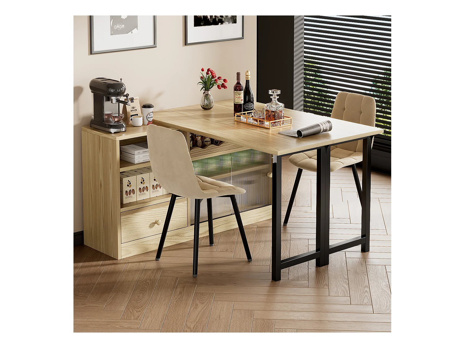 Table de bar pivotant 2 portes en verre 1 tiroir buffet en bois avec plateau extensible - meuble de rangement - chêne (120x40x75 cm)