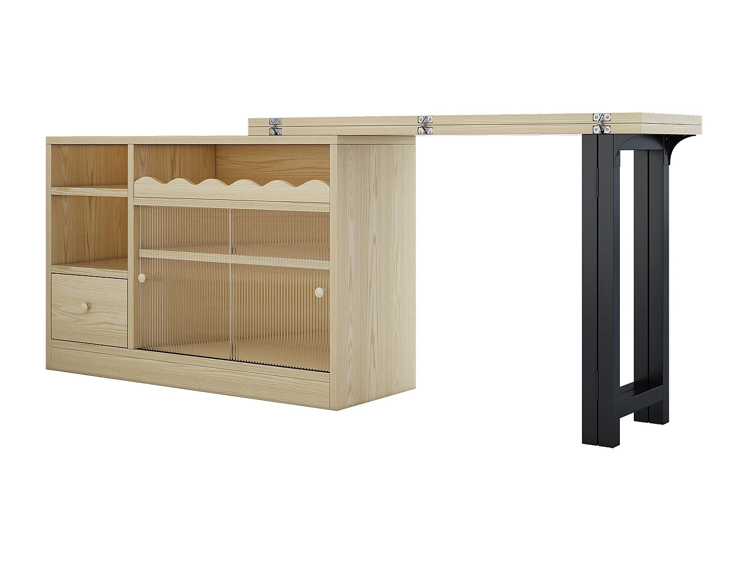 Table de bar pivotant 2 portes en verre 1 tiroir buffet en bois avec plateau extensible - meuble de rangement - chêne (120x40x75 cm)