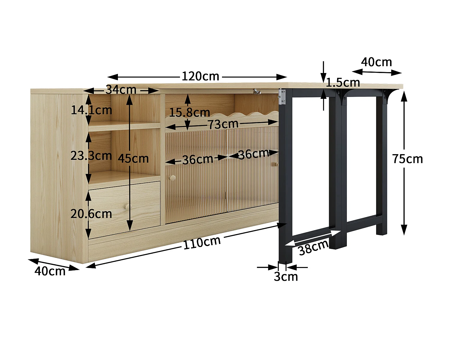 Table de bar pivotant 2 portes en verre 1 tiroir buffet en bois avec plateau extensible - meuble de rangement - chêne (120x40x75 cm)