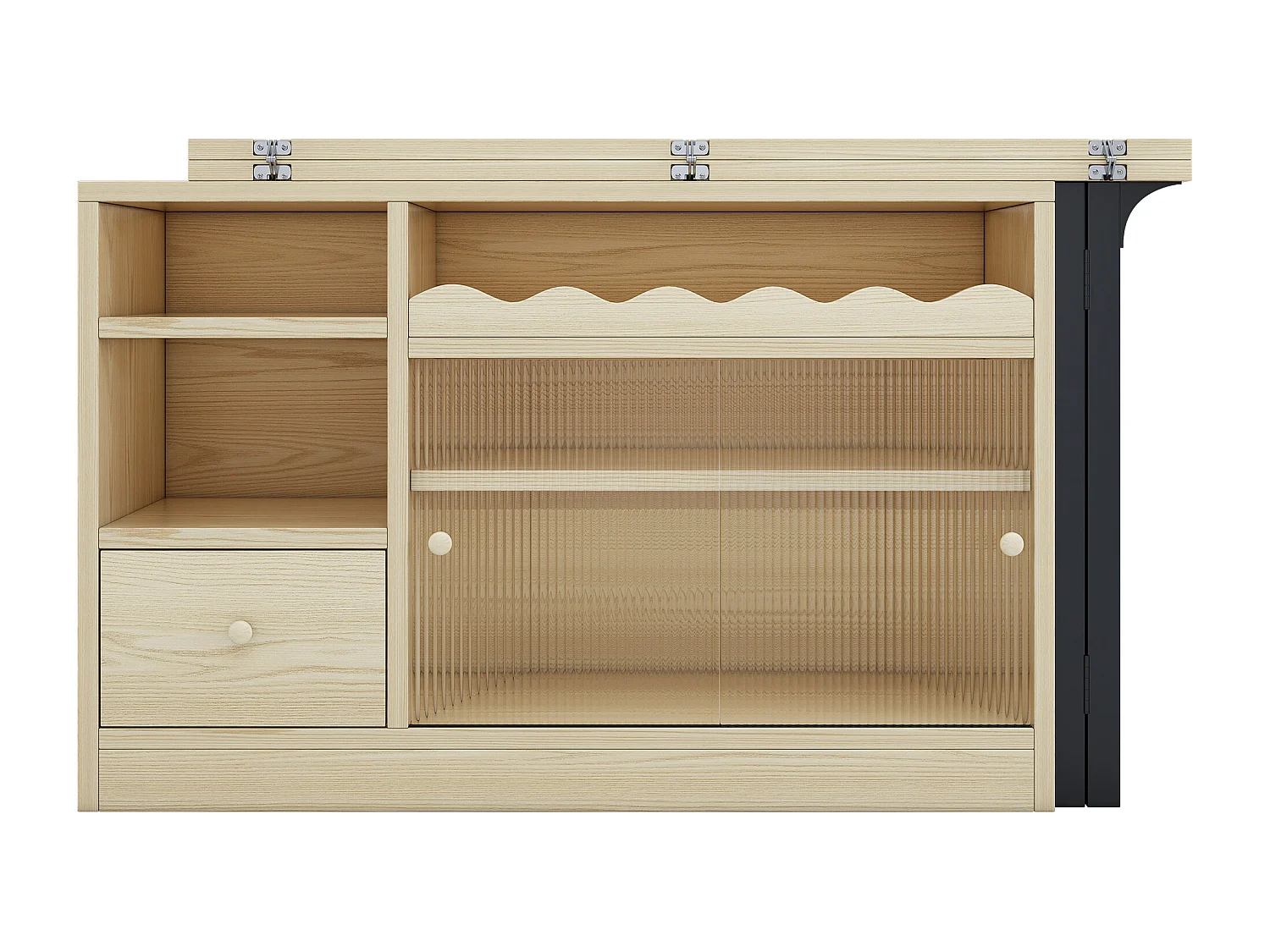 Table de bar pivotant 2 portes en verre 1 tiroir buffet en bois avec plateau extensible - meuble de rangement - chêne (120x40x75 cm)