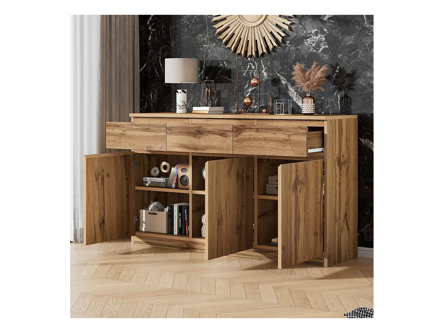 Eetkamerdressoir met 3 deuren en 3 laden - houten opbergmeubel - bruin (135x40x81 cm)