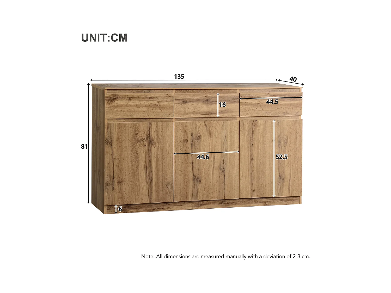 Eetkamerdressoir met 3 deuren en 3 laden - houten opbergmeubel - bruin (135x40x81 cm)